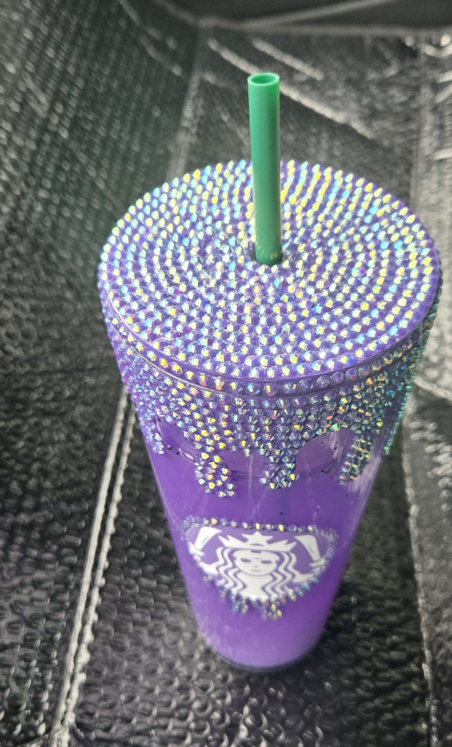 Starbucks Purple Rhinestone Drip Cold Cup Tumbler w/ Green Straw