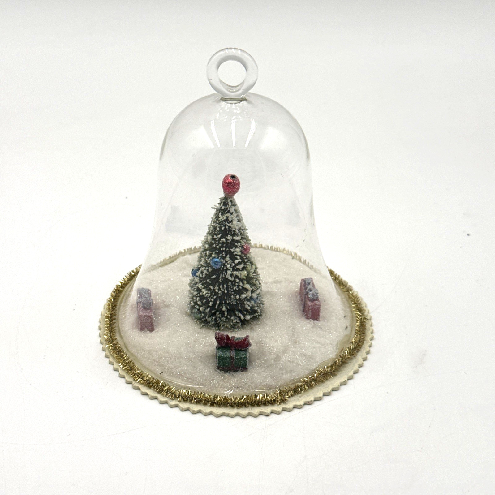 Clear Glass Cloche Bell Diorama Tree Presents Snow Christmas Ornament 5.5