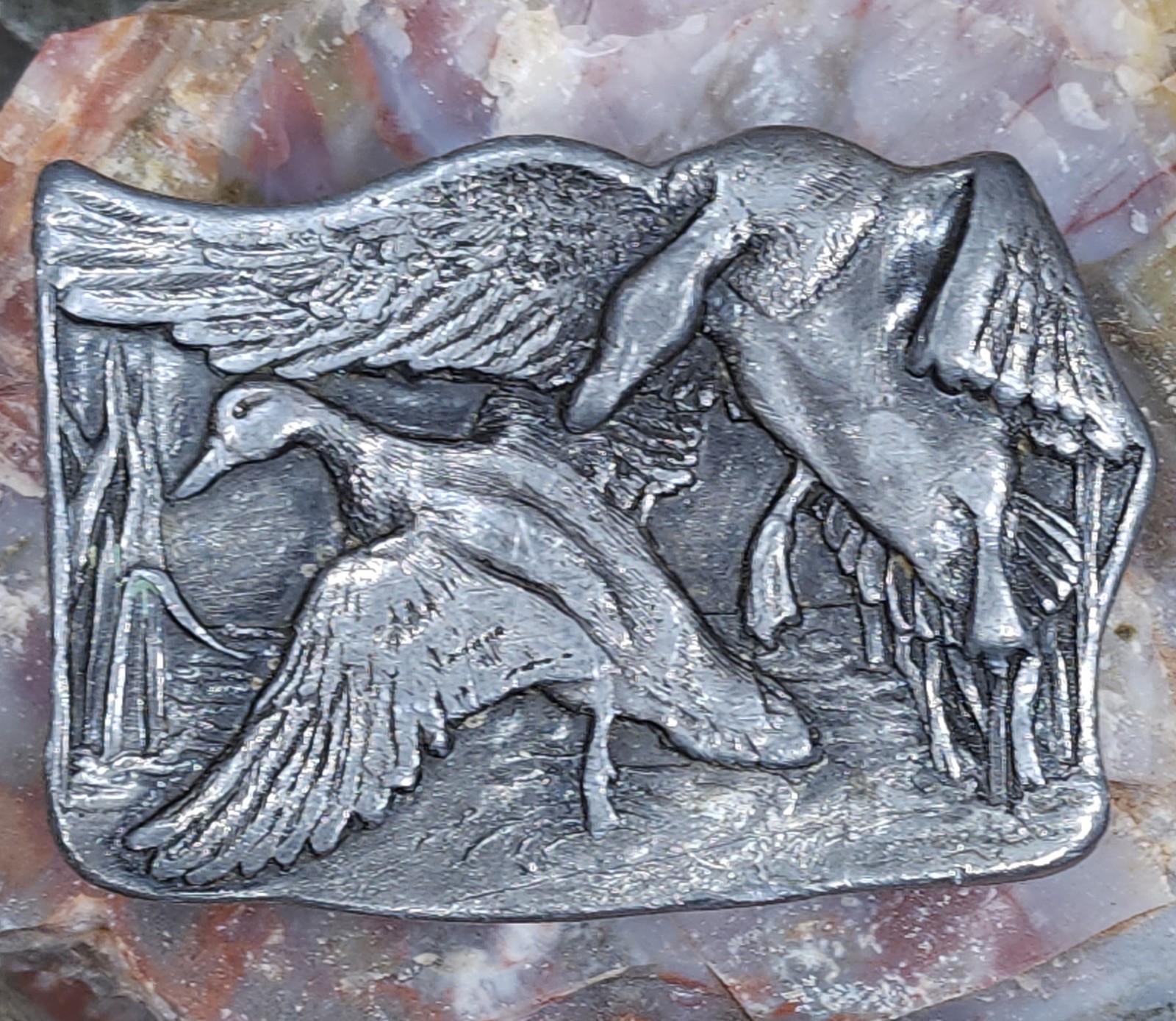 1977 Vintage Bergamot Brass Works Flying Ducks Pewter Tone Belt Buckle 1977 Vintage Bergamot Brass Works Flying Ducks Pewter Tone Belt Buckle