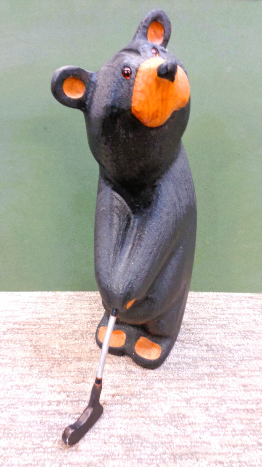 Big Sky Bears Jeff Fleming Hand-Carved Solid Wood Bear Golfer w/Club, 19” Tall
