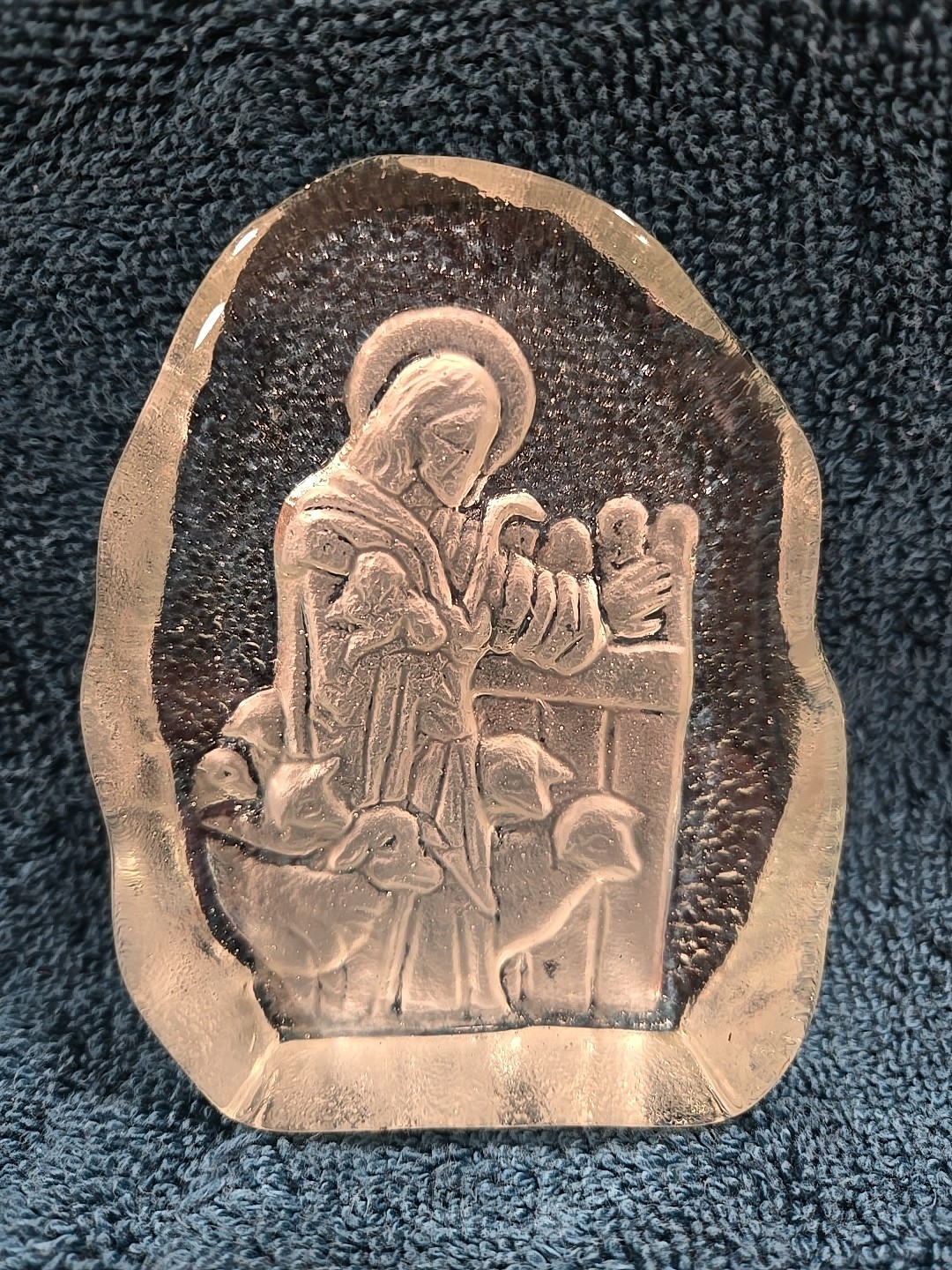 VTG Etched Glass Jesus The Good Shepherd Paperweight Christian Religious Decor