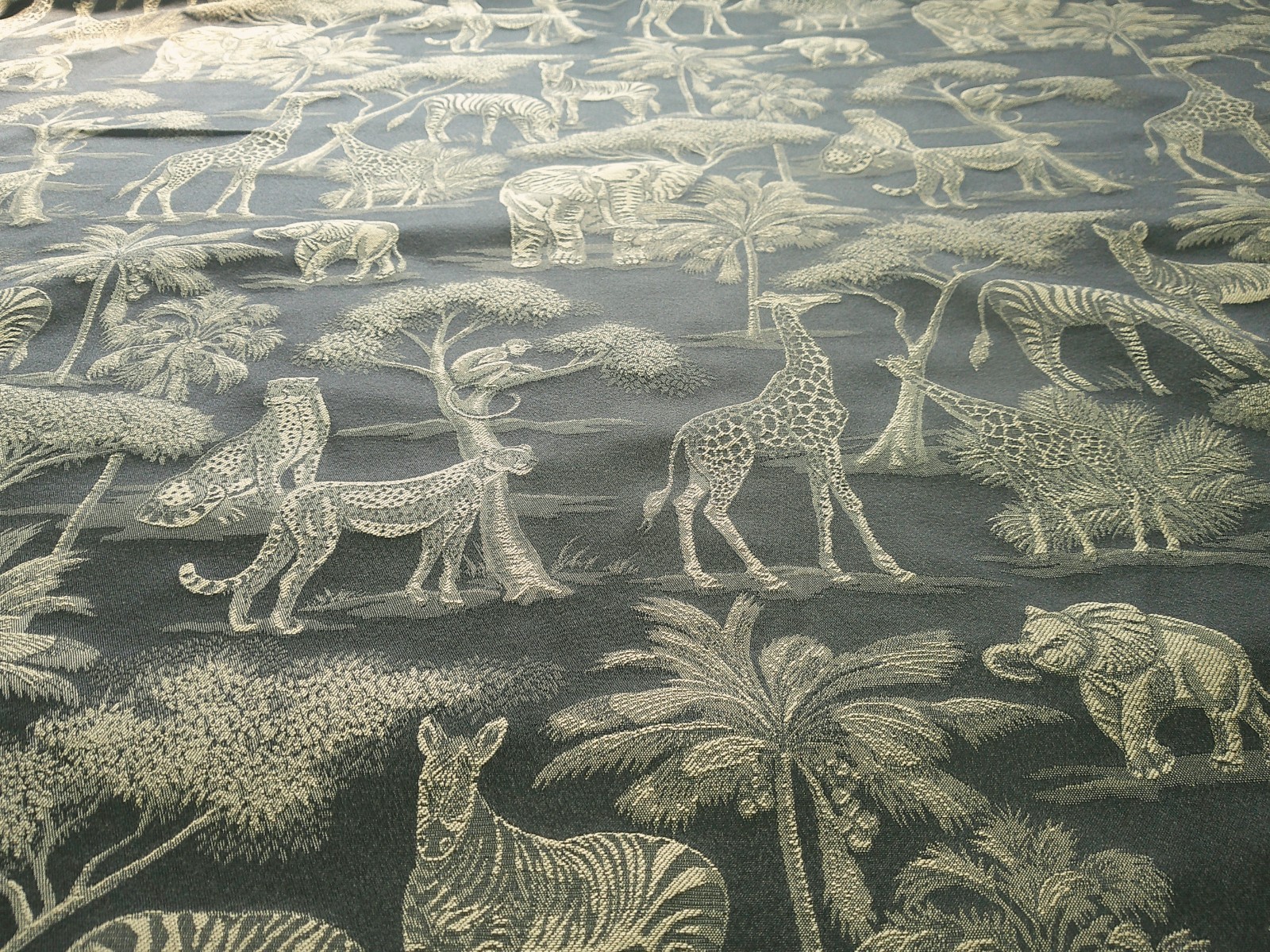 Vintage Jacquard Safari Animals Lush Palms Black/Greys/ Beiges High End BTY 3D Vintage Jacquard Safari Animals Lush Palms Black/Greys/ Beiges High End BTY 3D