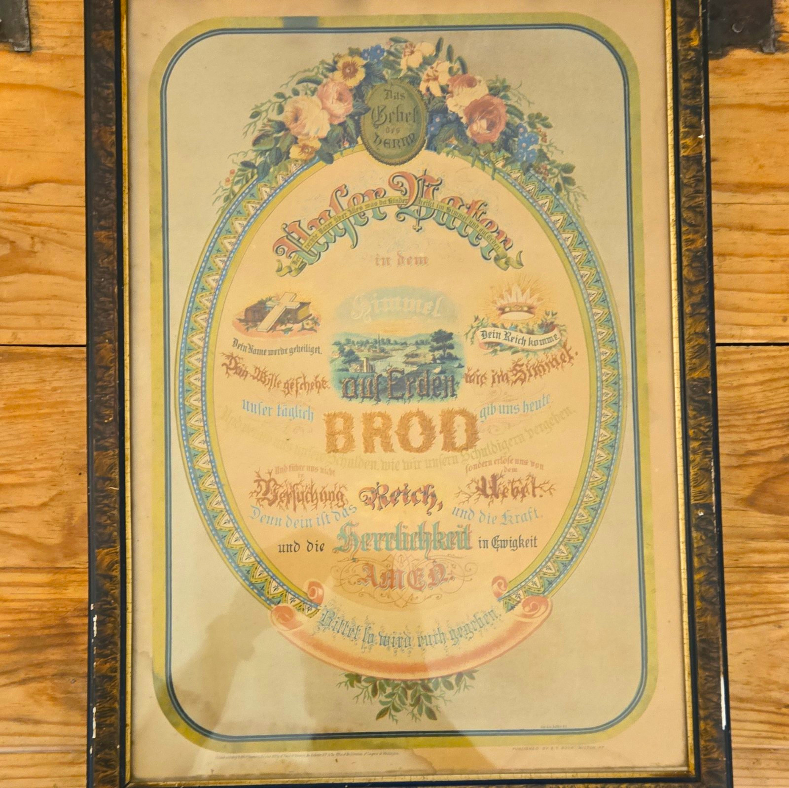 Antique Victorian 1871 Wood Picture Frame 16x20 Floral “Vater Unser” Print