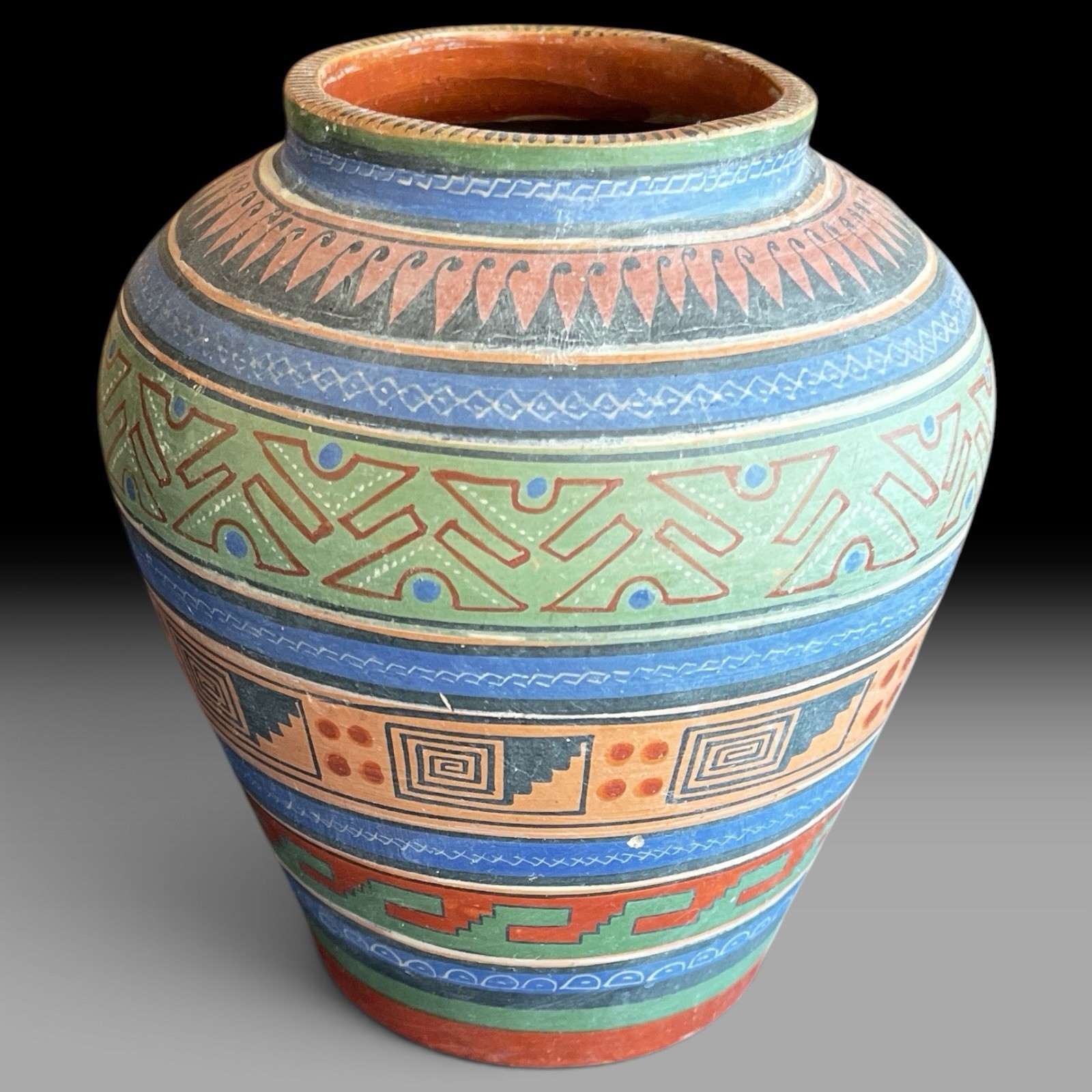 Vintage Tlaquepaque Mexican Pottery Vase Opaque Polychrome Jalisco Folk Art