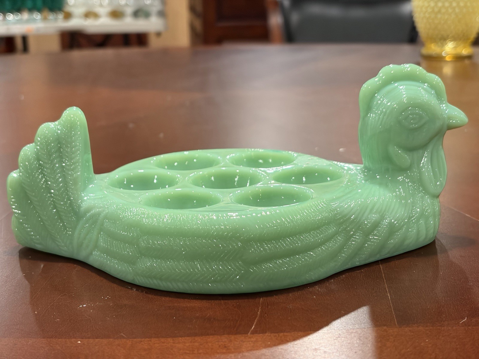 Farmhouse Jadeite Green Glass Hen Chicken 7 Cup Deviled Egg Holder Serving Dish