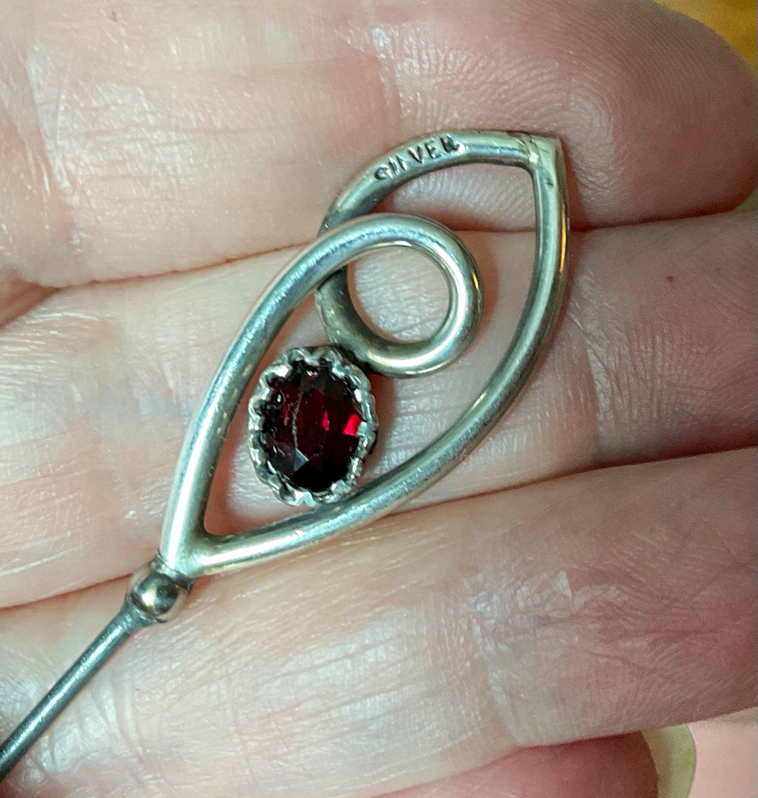 Antique Sterling Garnet Stone Swirl Hat Pin
