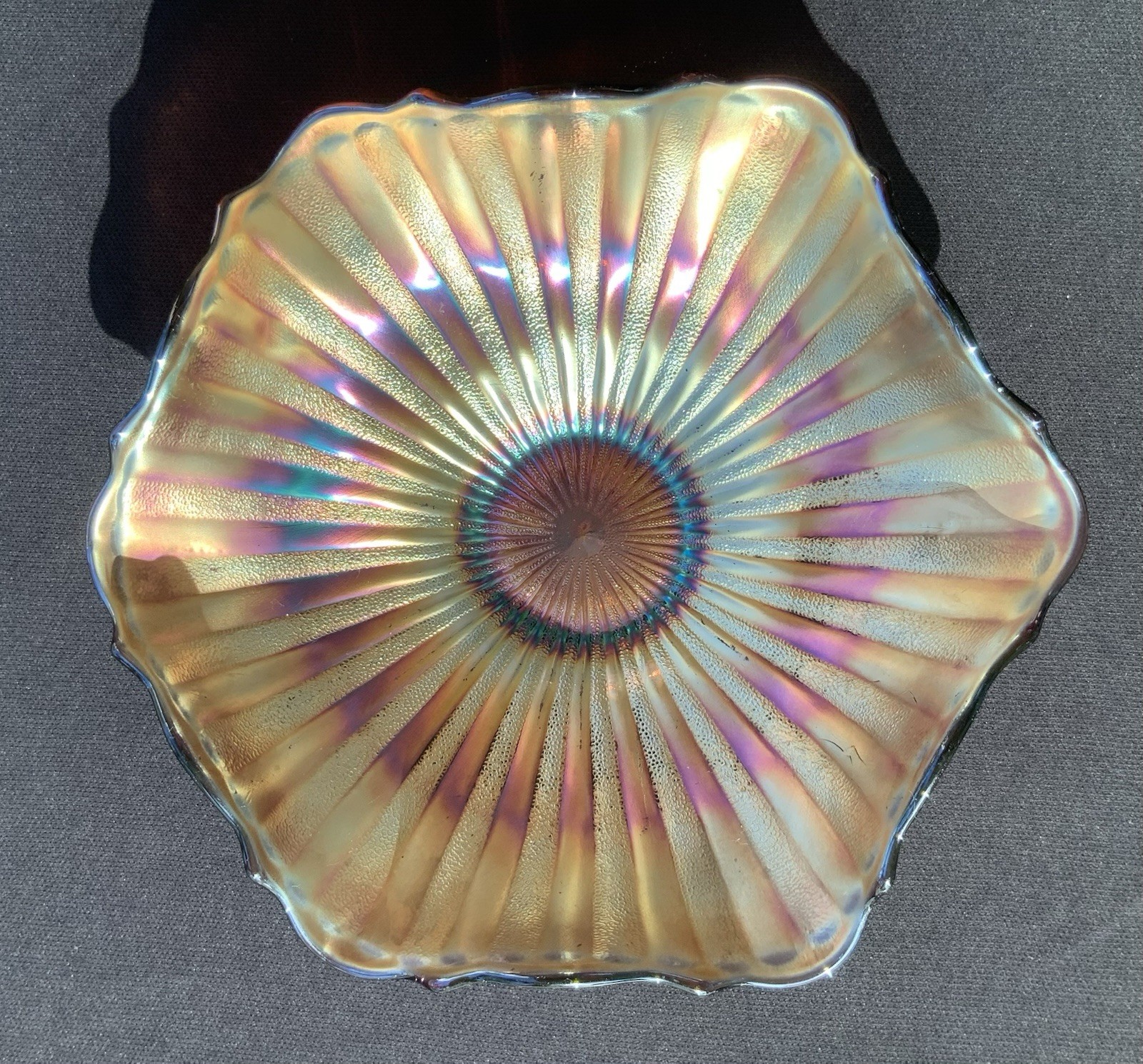Antique FENTON Amethyst Stippled Rays Carnival Glass Footed Bowl- 10-1/2”