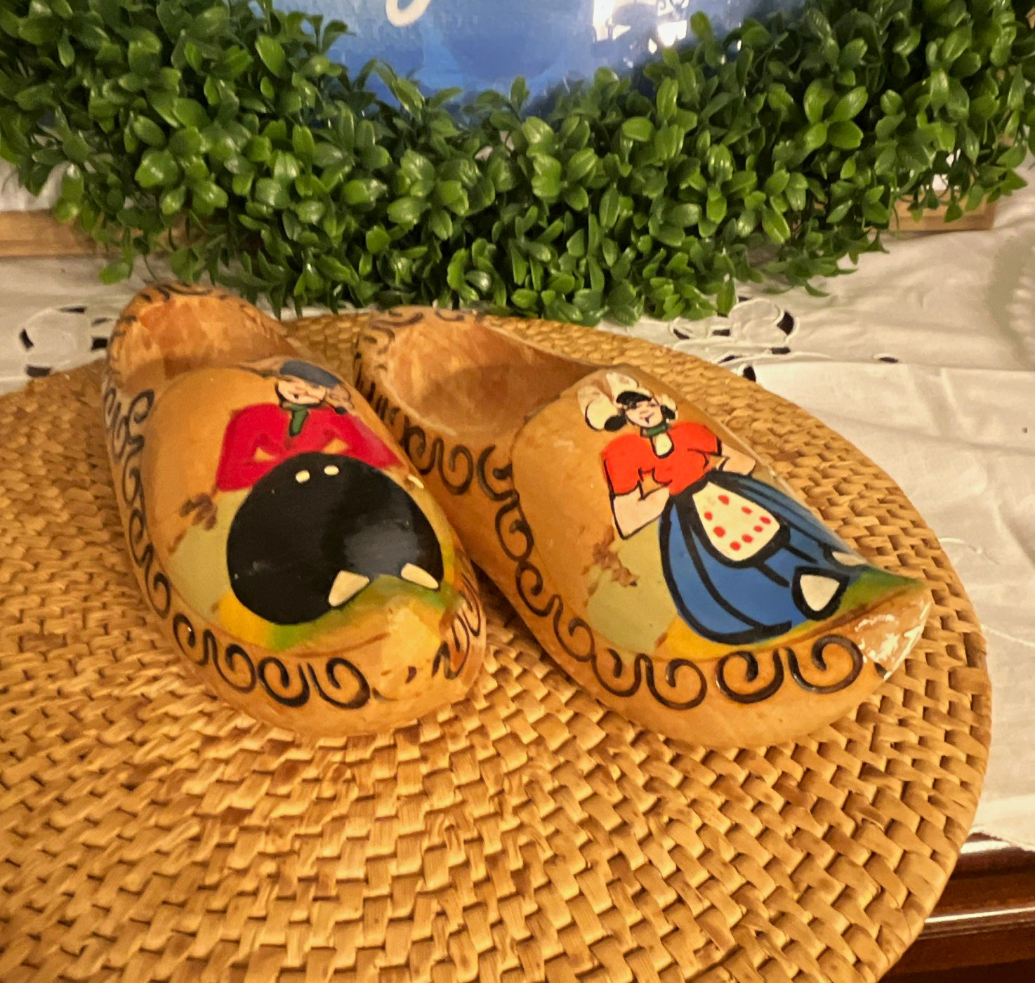 Handmade Hand-Painted Wooden Dutch Clogs Folk Art Windmill Man Woman Holland