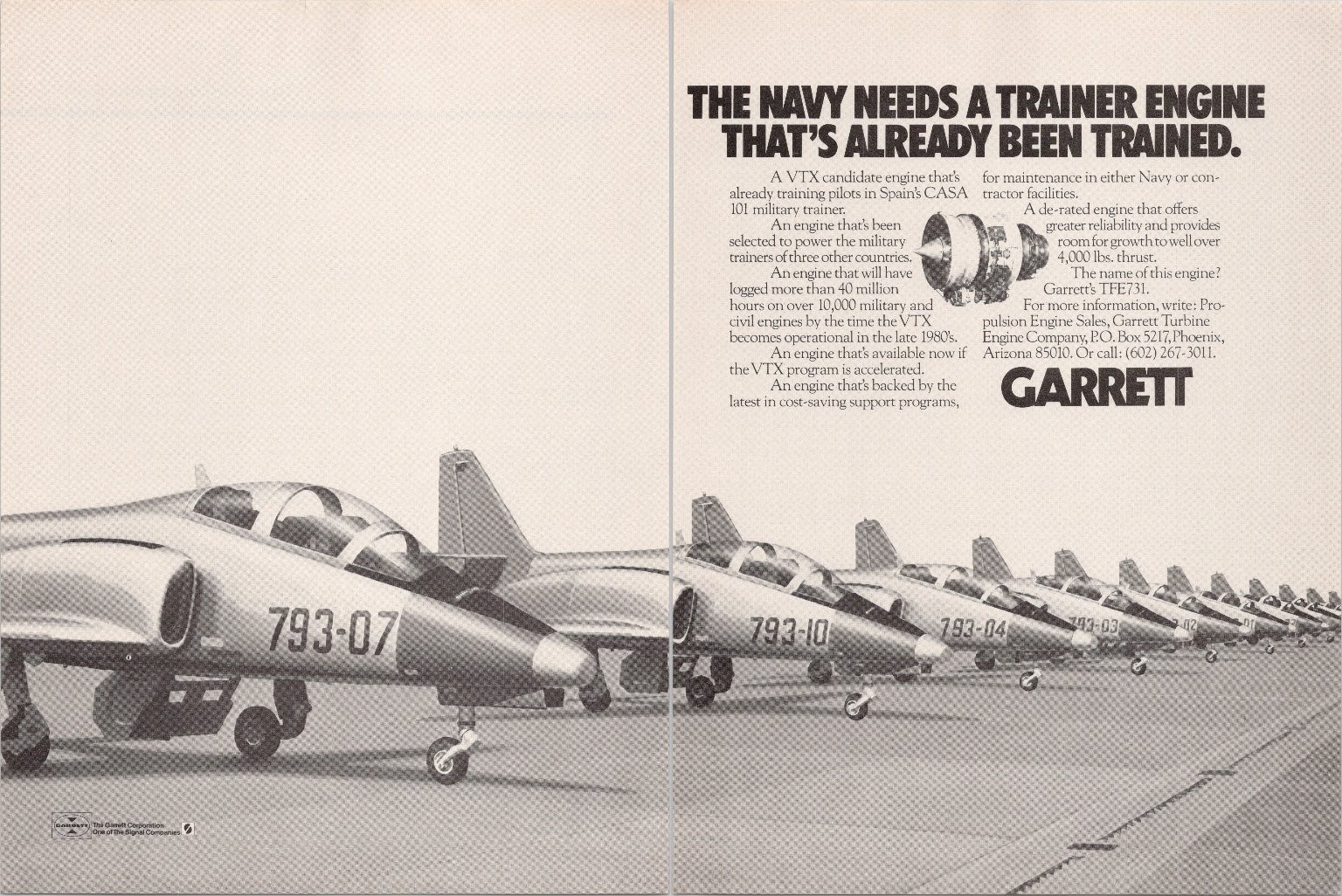 Garrett TFE731 Trainer Engine Vintage 2pg Magazine Ad 1980s Military Jet Garrett TFE731 Trainer Engine Vintage 2pg Magazine Ad 1980s Military Jet