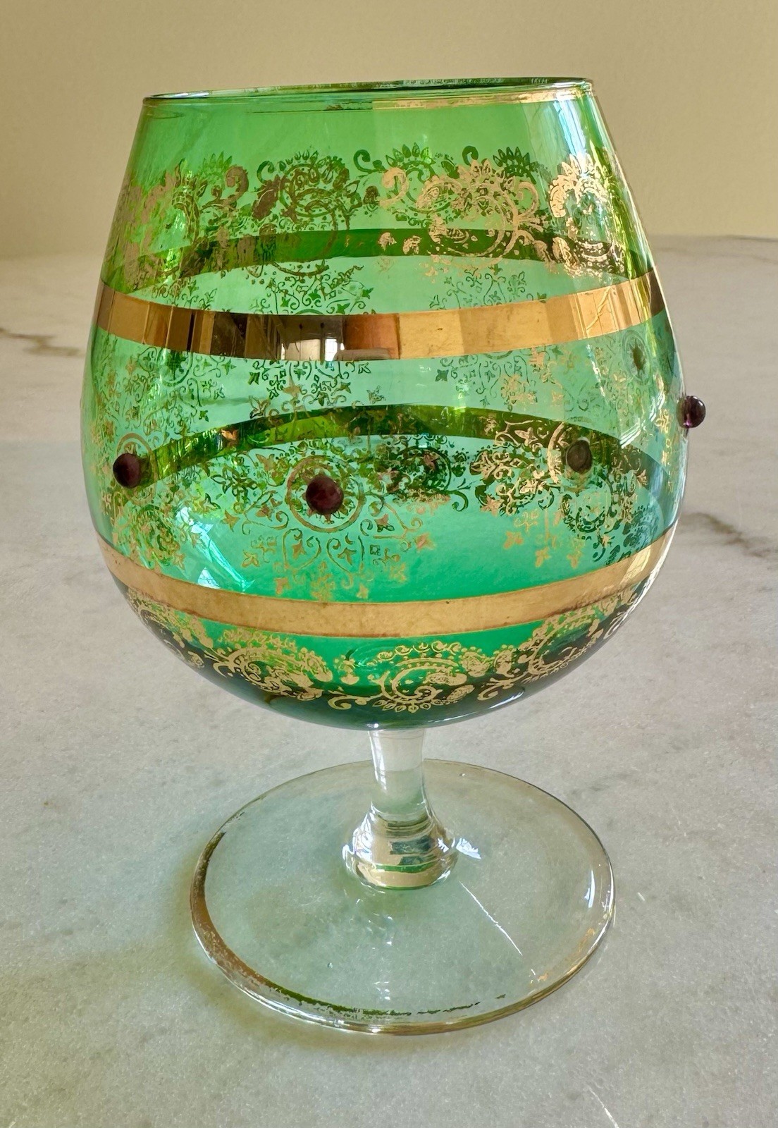 VINTAGE BOHEMIAN BLOWN GLASS VASE OR BRANDY SNIFTER GREEN WITH GOLD GILT