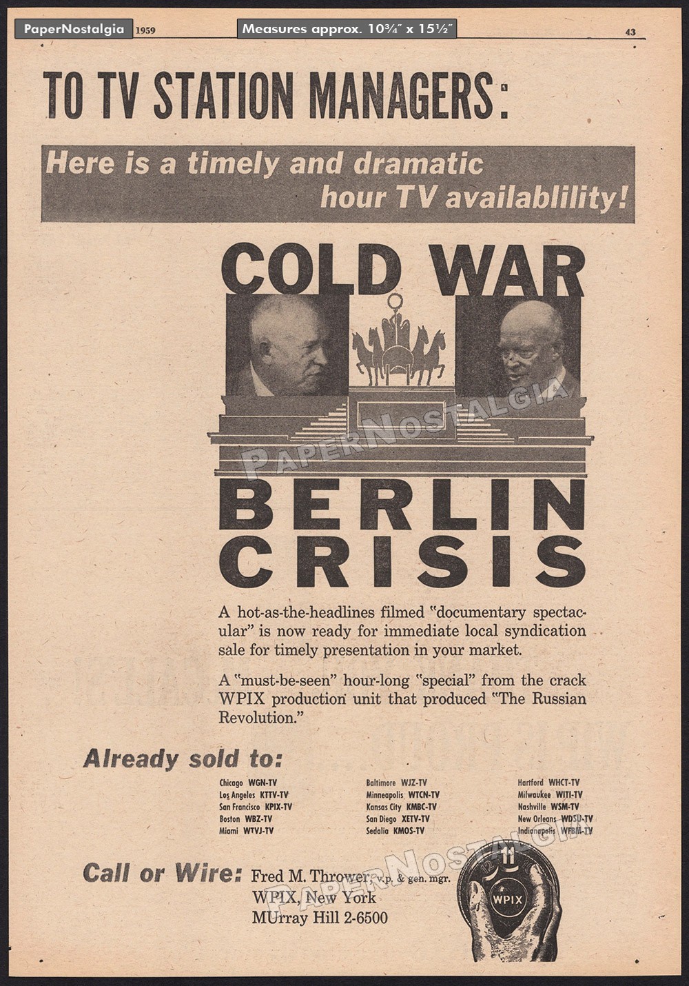COLD WAR BERLIN CRISIS – Orig. 1959 Trade AD / poster – Eisenhower – Khrushchev