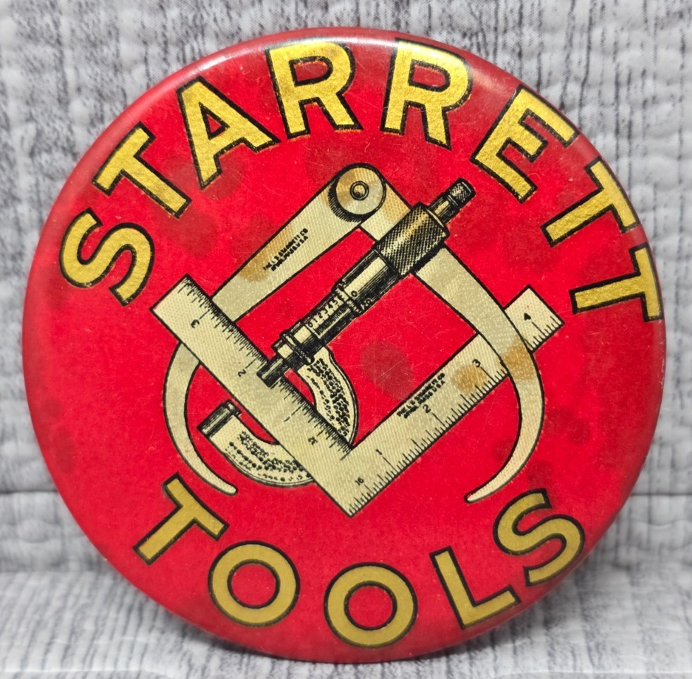 Rare Antique Starrett Tools Mirrored Back Advertising. 2-1/16”. Button. Rare Antique Starrett Tools Mirrored Back Advertising. 2-1/16”. Button.