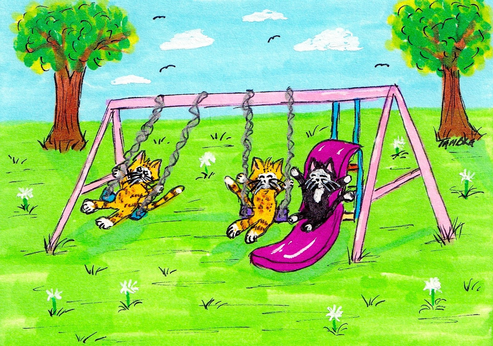 Tambra ACEO Original Art Painting Tabby Cats Swinging Black Tuxedo Cat on Slide