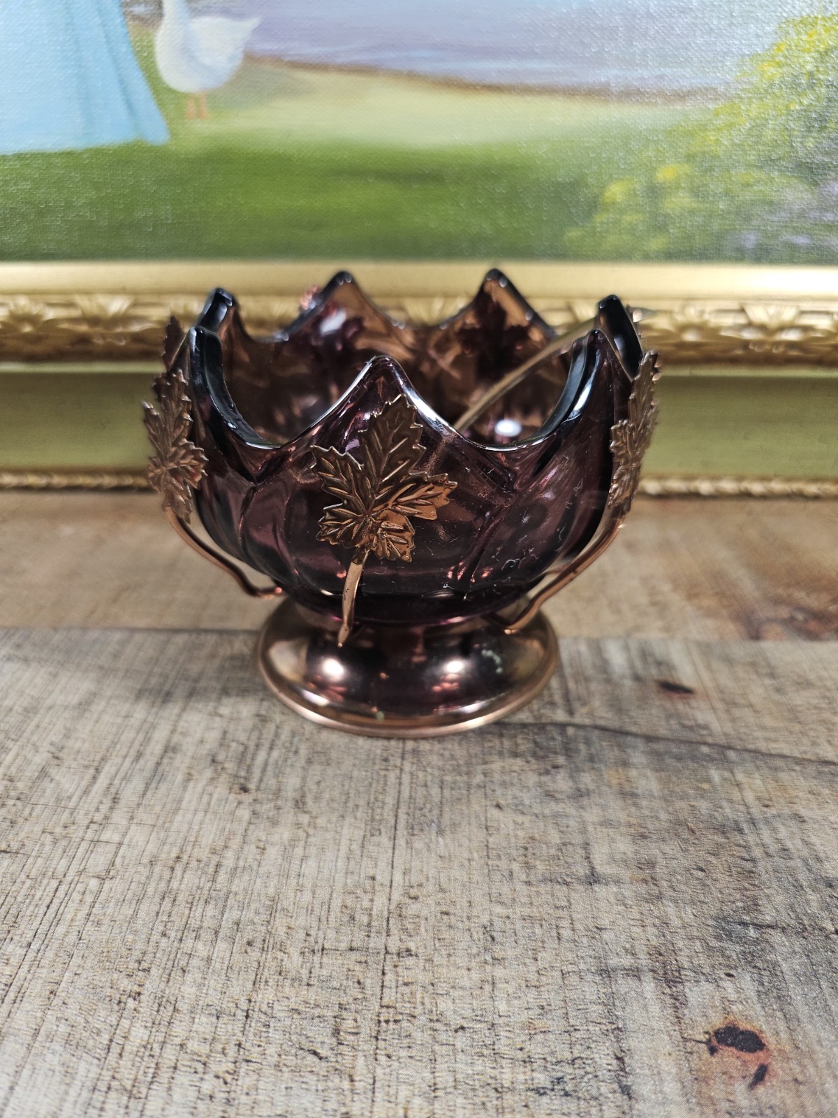 VTG Purple Glass & Copper Coated Holder Open Sugar Dish W/Spoon, England