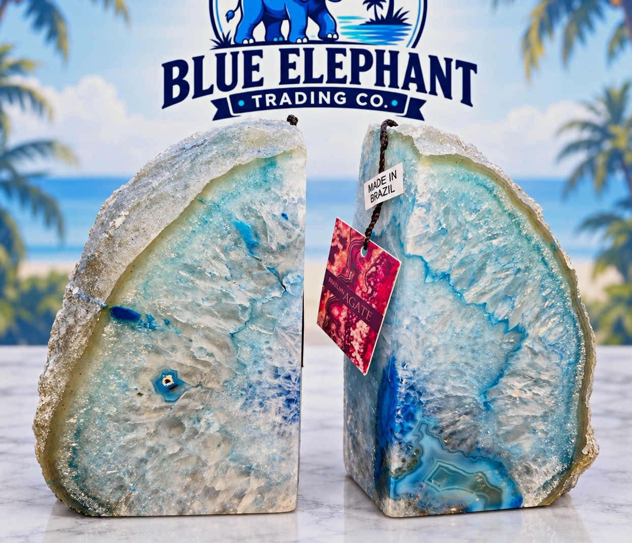 Brazilian Blue Agate Geode Bookends Pair Polished Quartz Crystal Dyed