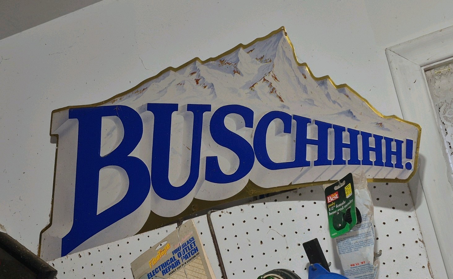 Vintage Busch Beer BUSCHHHH Snowy Mountains Embossed Metal Sign 34” Long 1990