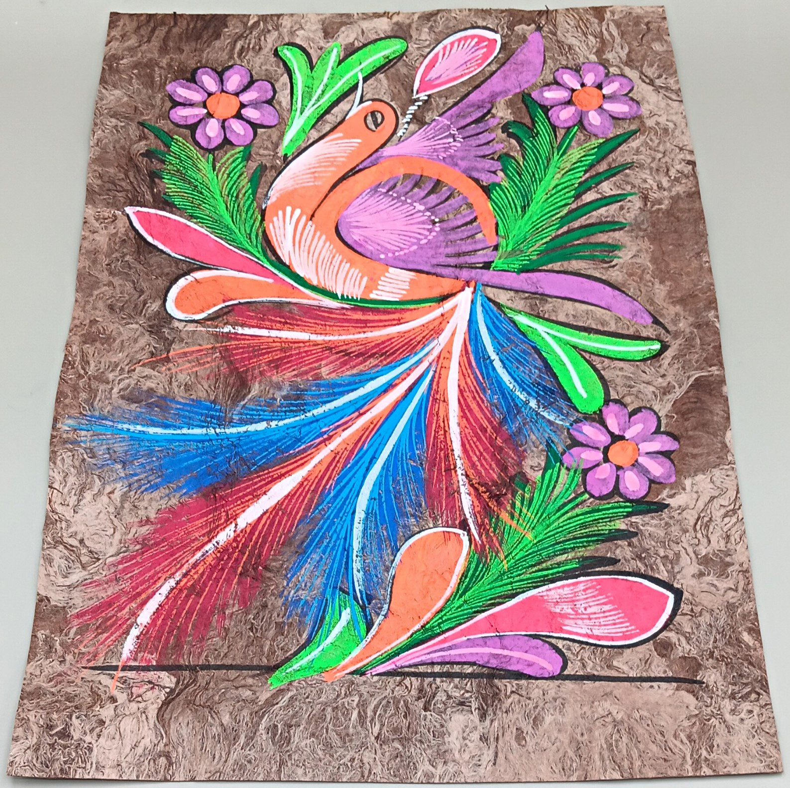  Vintage Mexican Folk Art Bird Floral Painting Amate Bark  Glows - 11