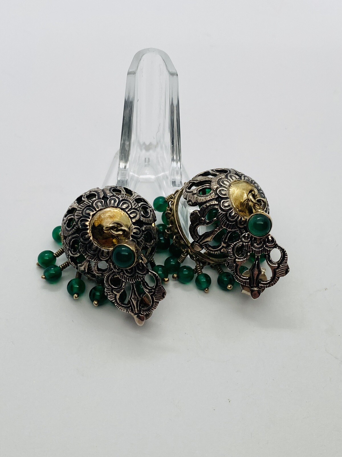 25g 925 VERMEIL JADE GLASS CROWN TWO TONE CHANDELIER EARRINGS GORGEOUS