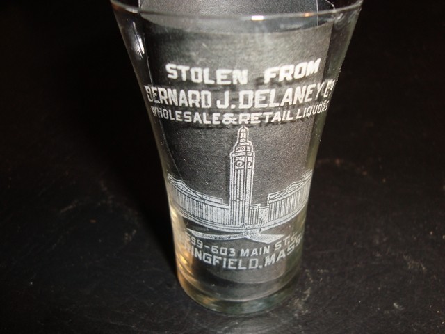 Circa 1900 Bernard Delaney Liquors Etched Shot Glass, Springfield, MA