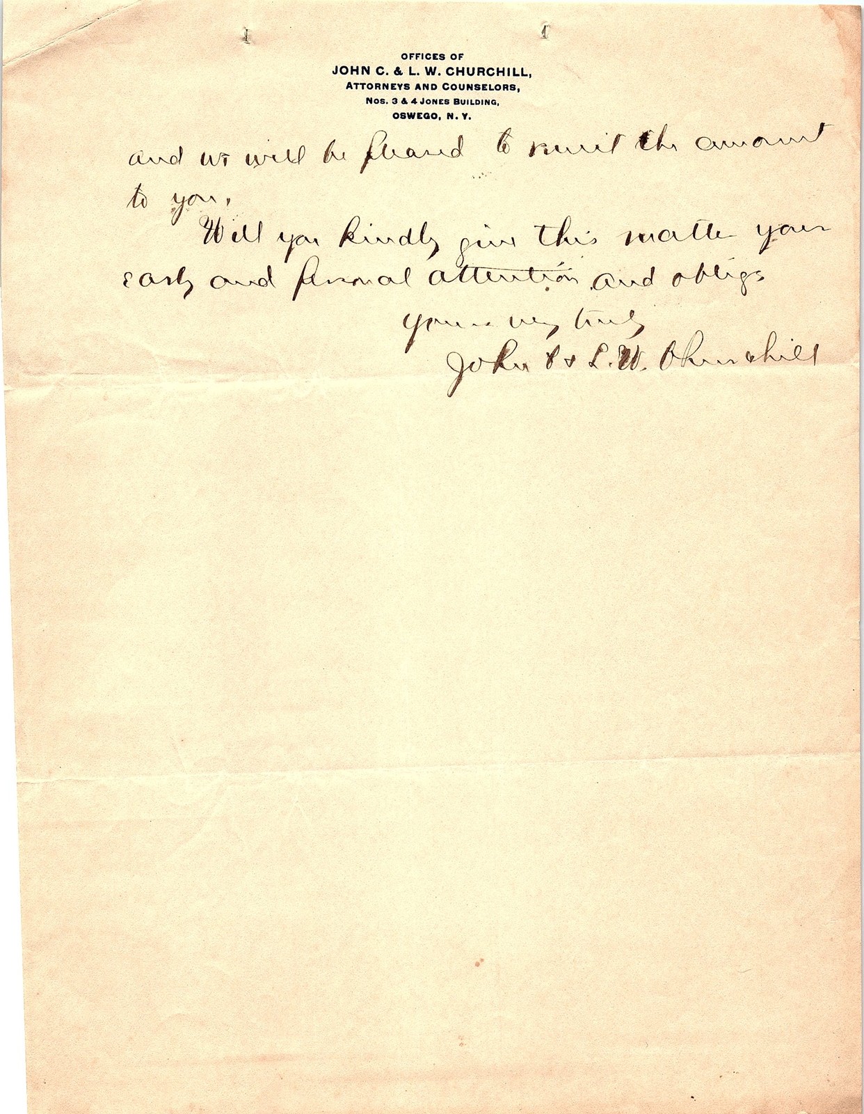 Vintage J.C. & L.W. Churchill Attorneys Oswego NY letter Vintage J.C. & L.W. Churchill Attorneys Oswego NY letter