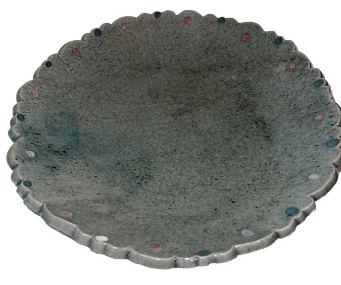 Nice Pottery Plate Bowl 12 Inch Turquoise Polkadots