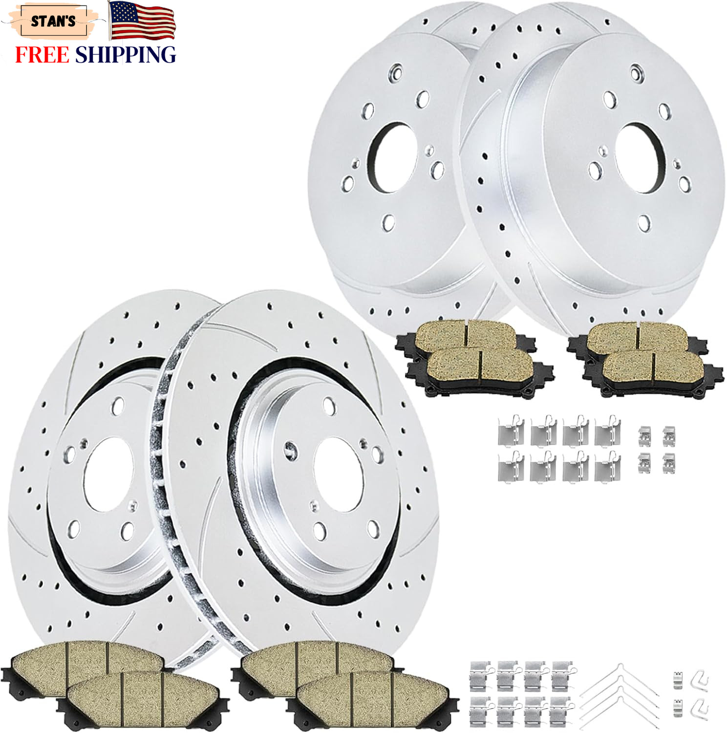 Front and Rear Drilled and Slotted Brake Rotors Ceramic Brake Pads Brake Kit Rep