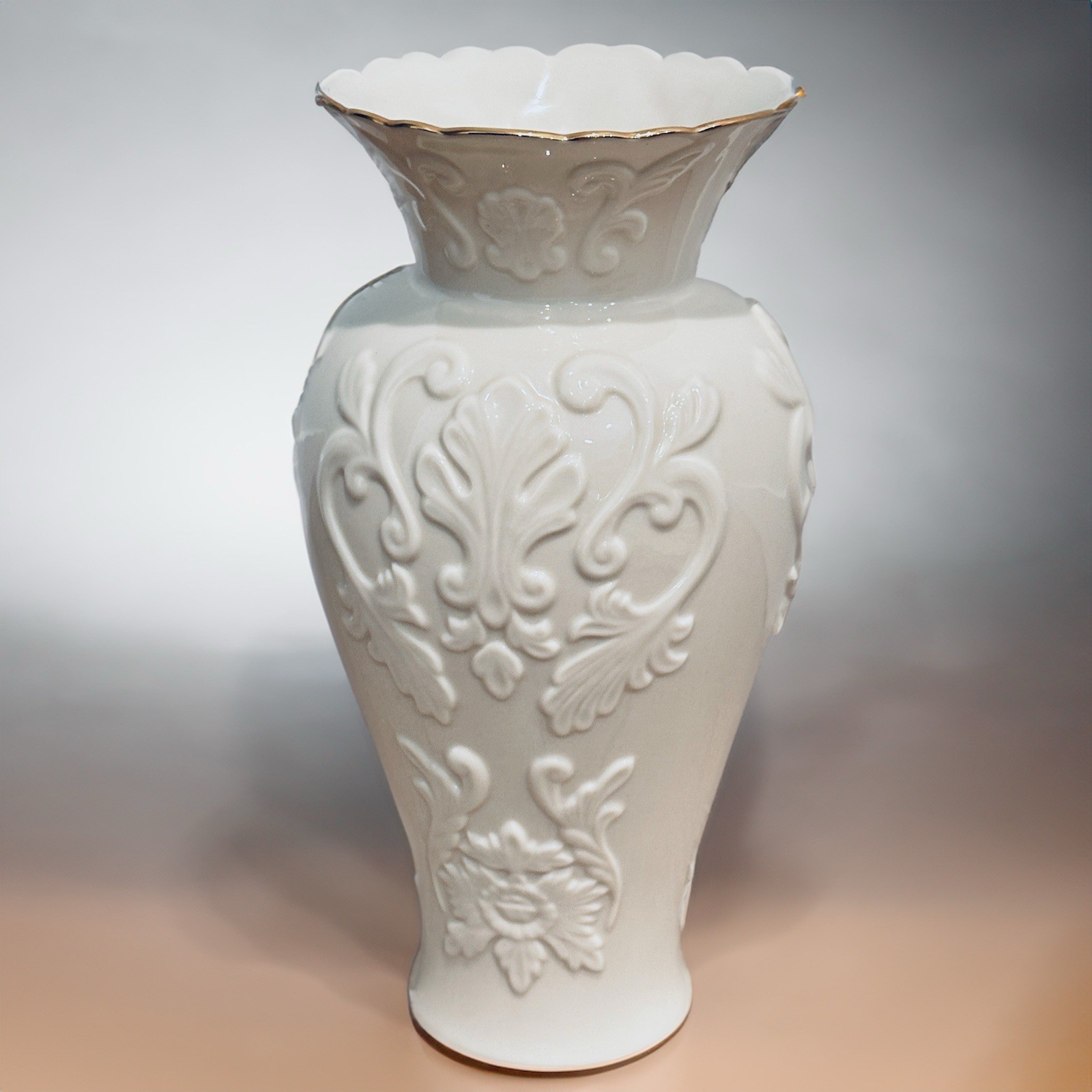 Lenox GEORGIAN LARGE Ivory Porcelain Tall Vase Embossed Gold 16” French Country
