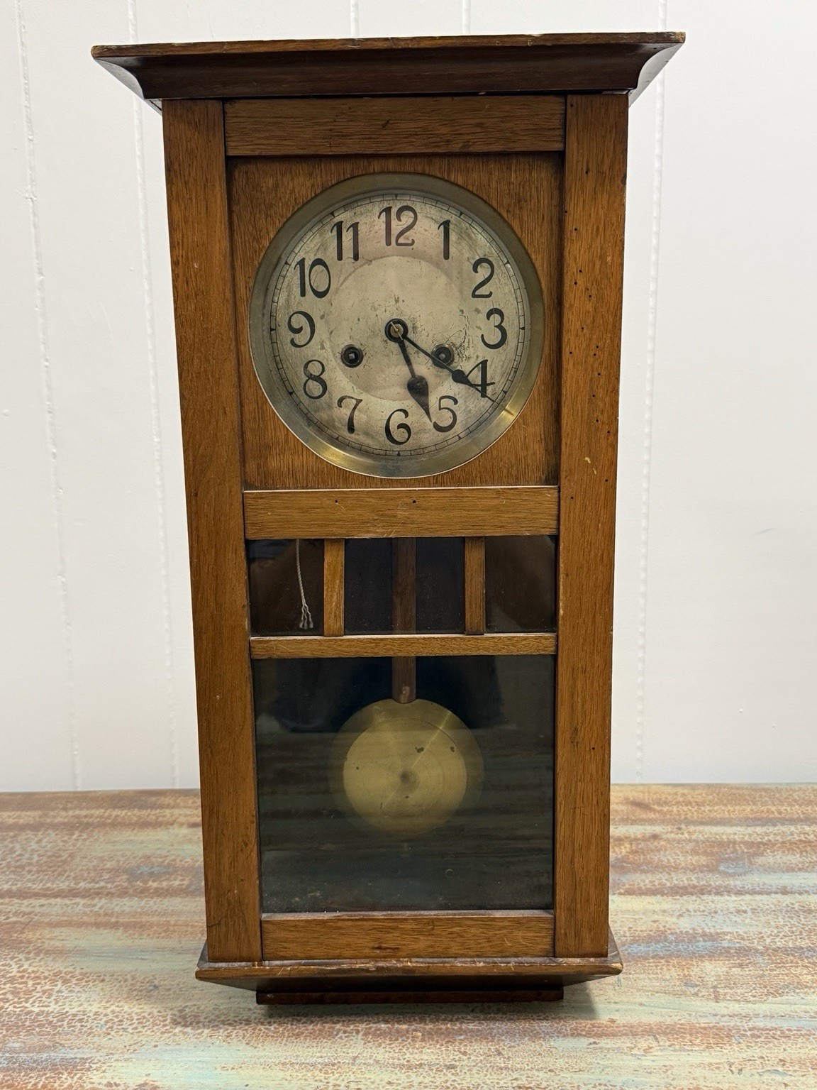 Antique E Ingraham Mission Oak Wall Clock Runs Strikes Pendulum Key c1910