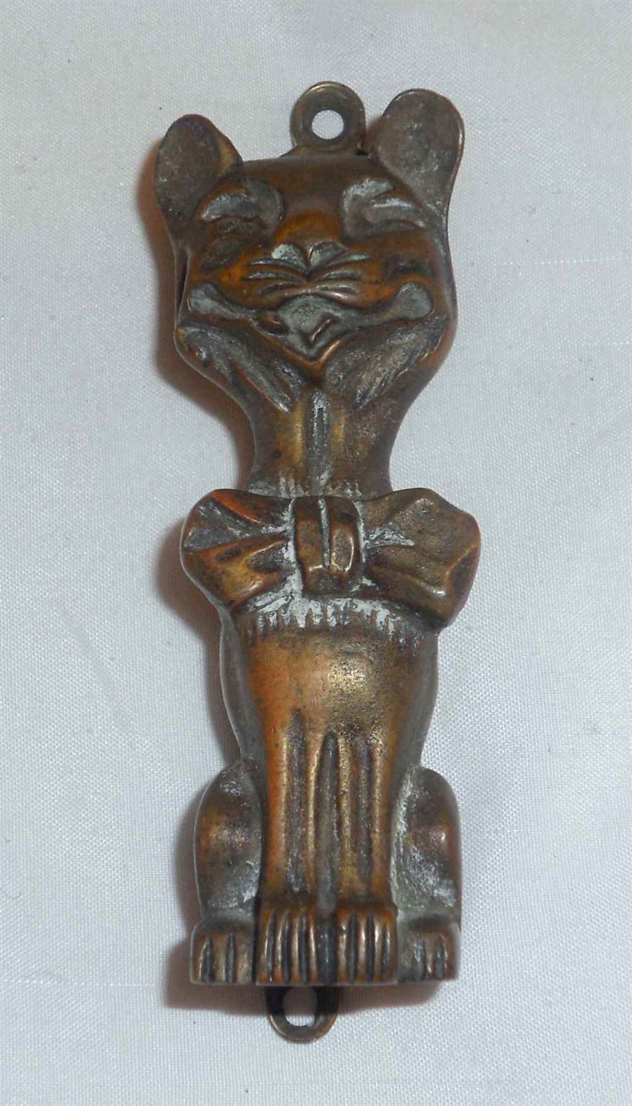 Vintage Cast Brass Doorknocker Unusual Fancy Cat Smiling and Wearing Bowtie