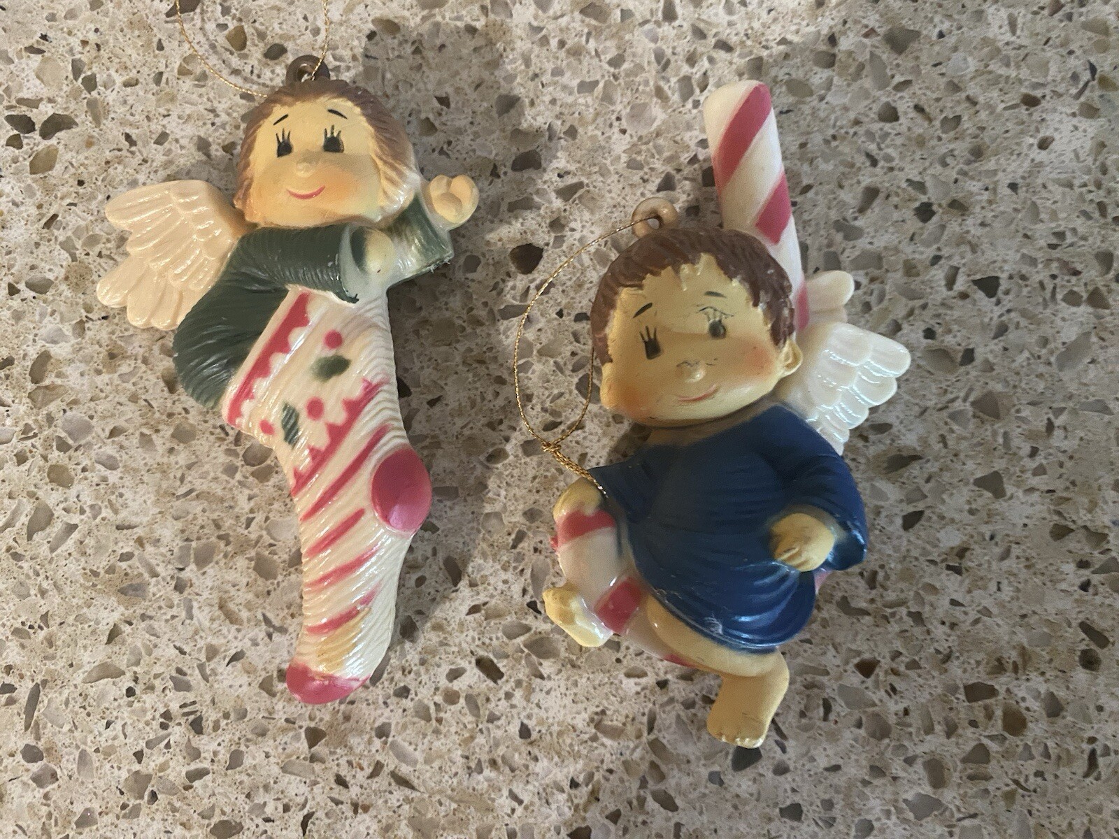VTG Cherub Angel Boy on Candy Cane Angel Girl in Xmas Stocking Holiday Ornaments