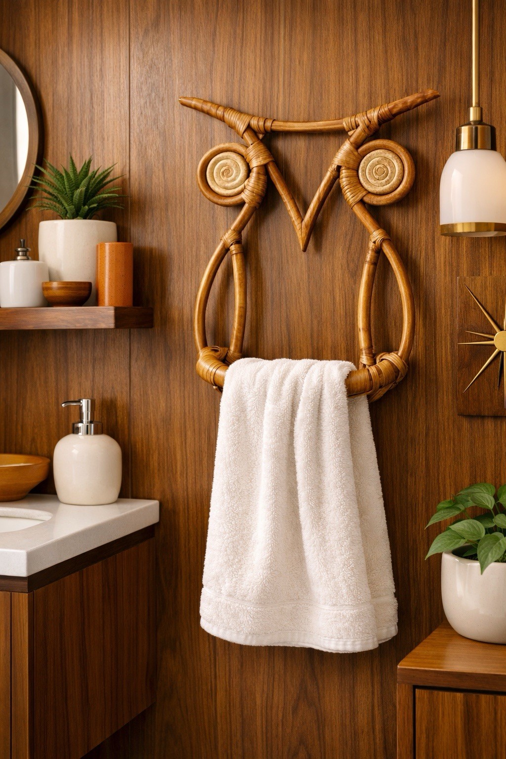 VTG BOHO Mid Century OWL Wall Towel Holder Wicker Boho Coastal Decor Read(2)