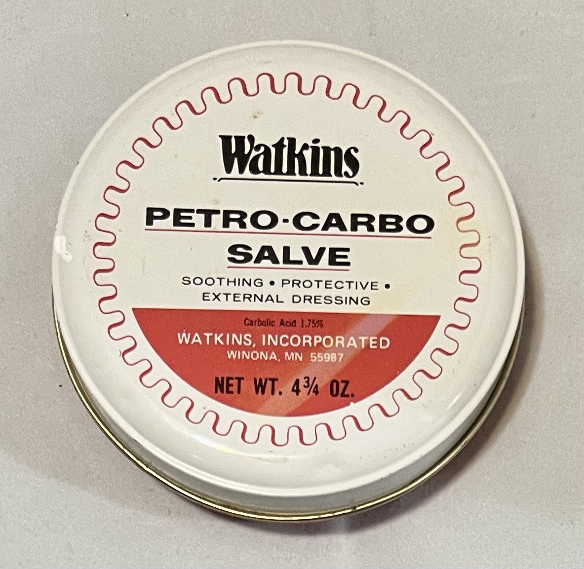 Vintage Watkins Petro-Carbo Salve Metal Tin 4 3/4 Oz Cut Burn Chaffing 98% Full
