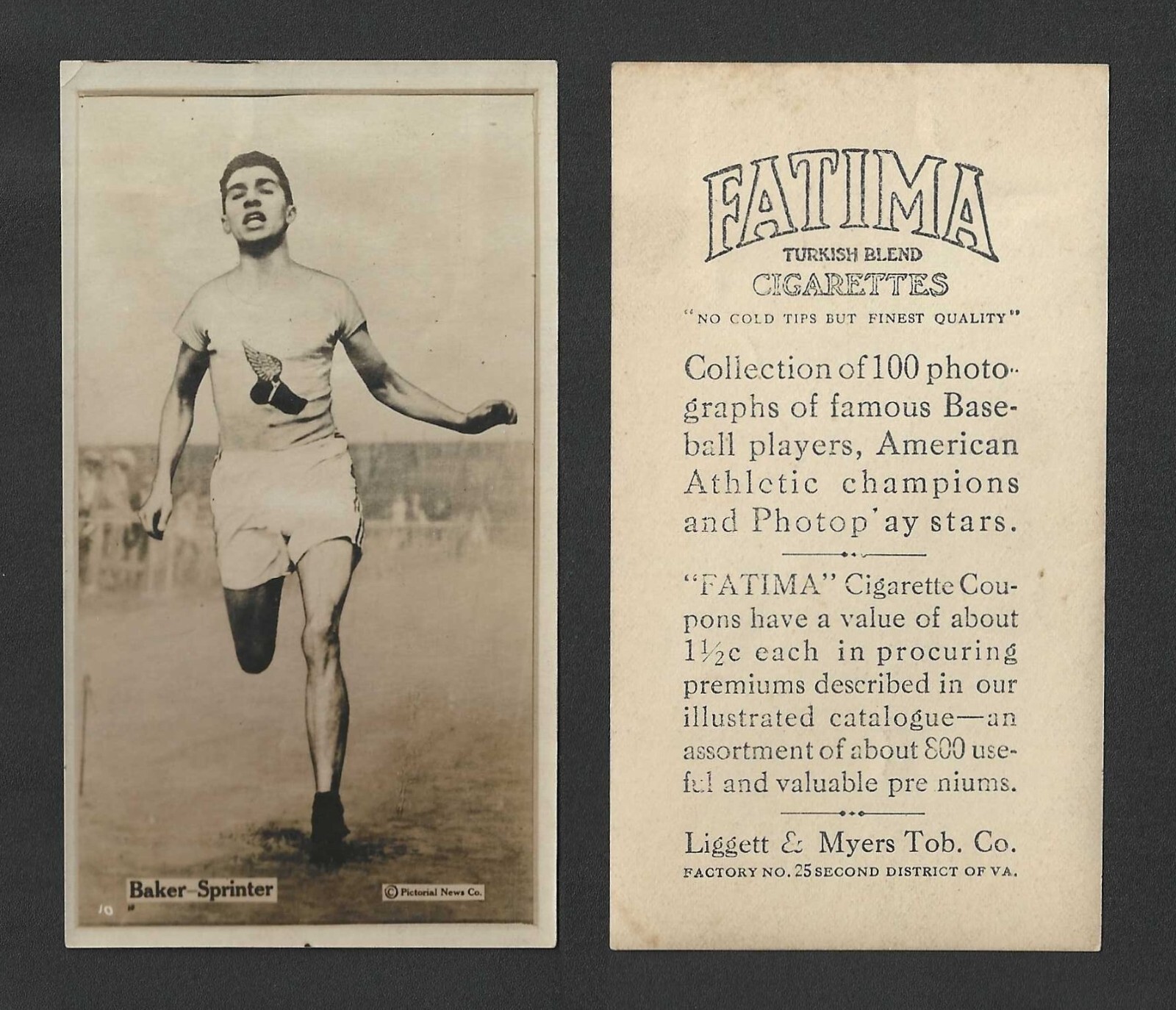 1914 T222 Fatima Cigarettes Tobacco Card - Athletic Champions - Sprinter Baker