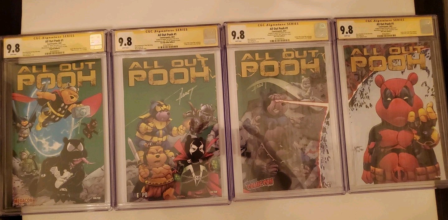 All Out Pooh #1 4 Connecting Covers CGC 9.8 SS Marat Mychaels Signed 