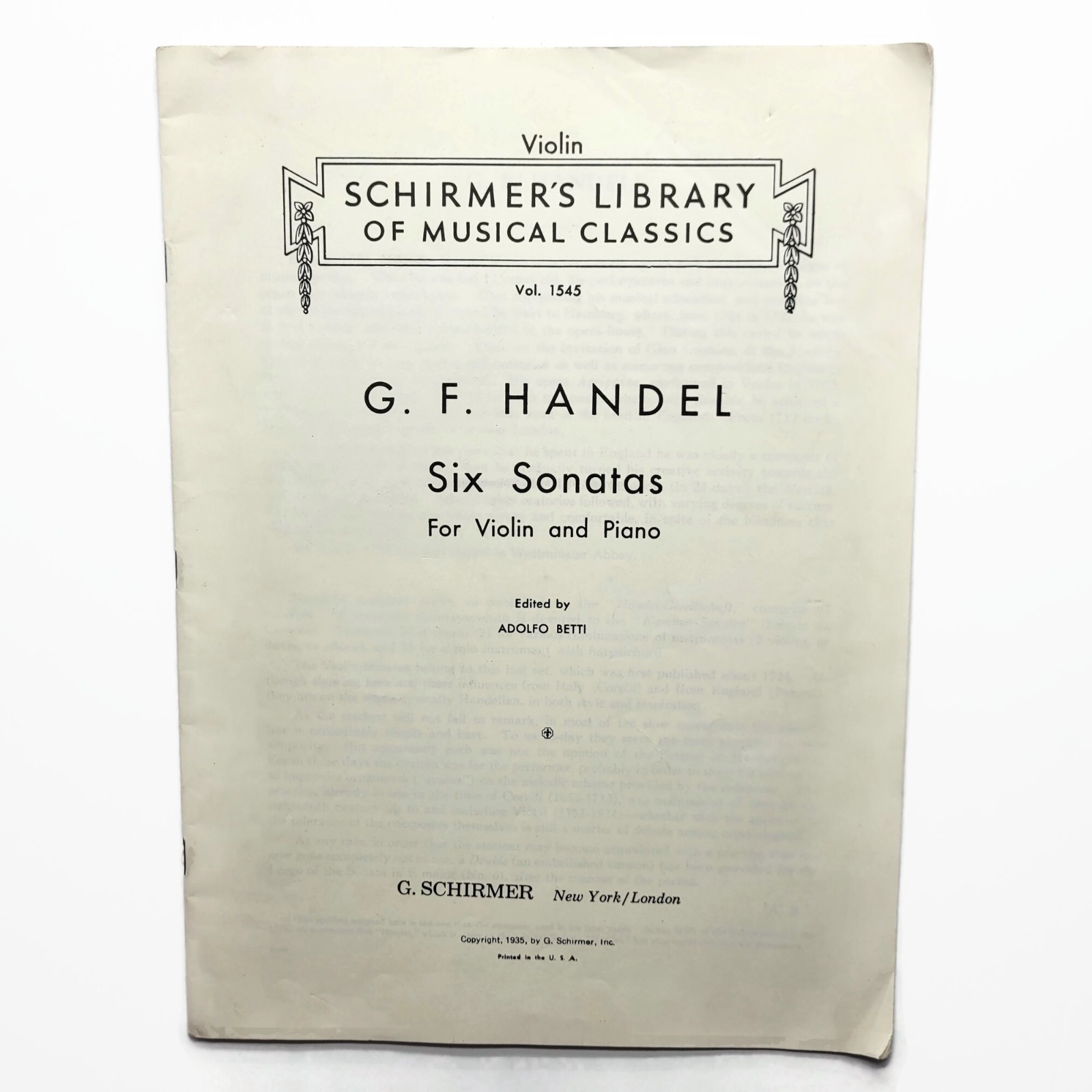 Vintage 1935 G F Handel Six Sonatas Violin Solo Part Schirmers Library Vol 1545 Vintage 1935 G F Handel Six Sonatas Violin Solo Part Schirmers Library Vol 1545
