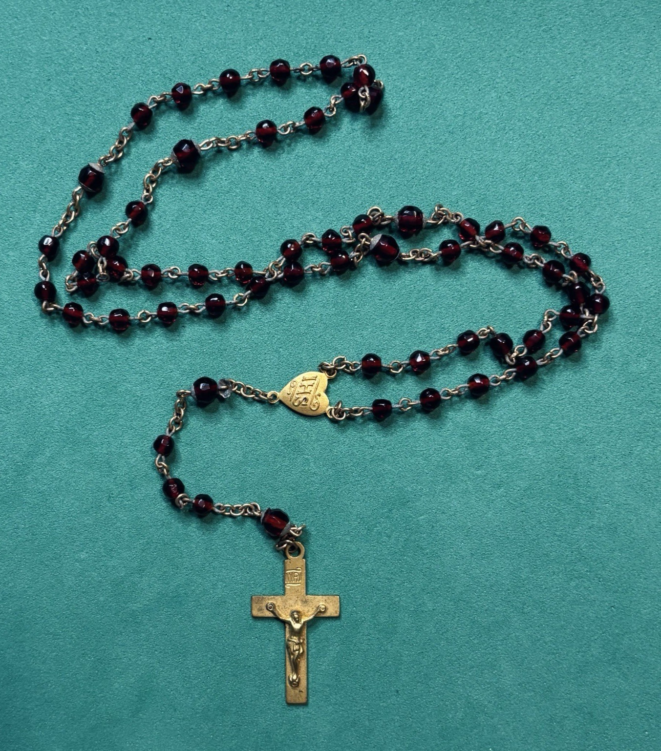 Early 1900\'s Czech Glass Rosary Ruby Red Glass Beads Gold Tone Metal Religious