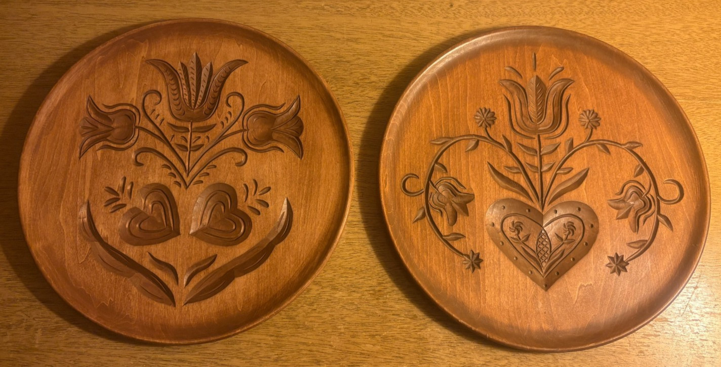 Pennsylvania Dutch Folk Art Cherry Wood Carved Wall Plates Signed Dated 1984