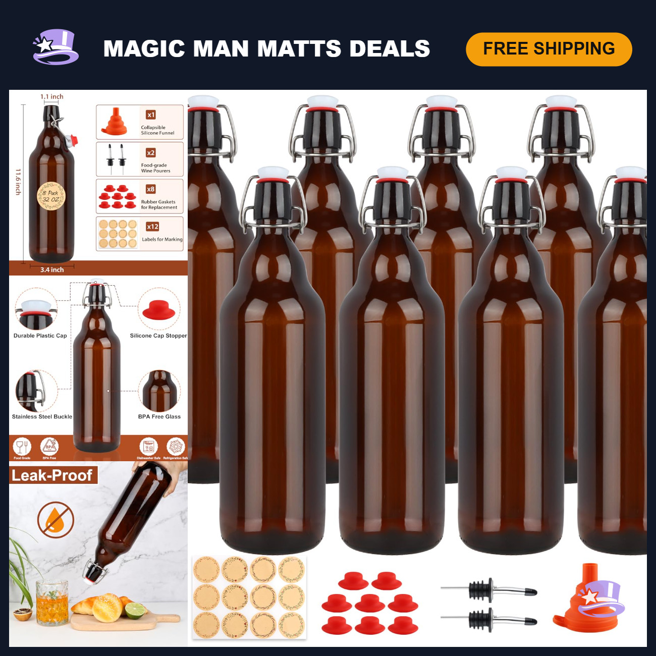 32oz Amber Swing Top Glass Bottles - 8 Pack, Ideal for Brewing & Storage