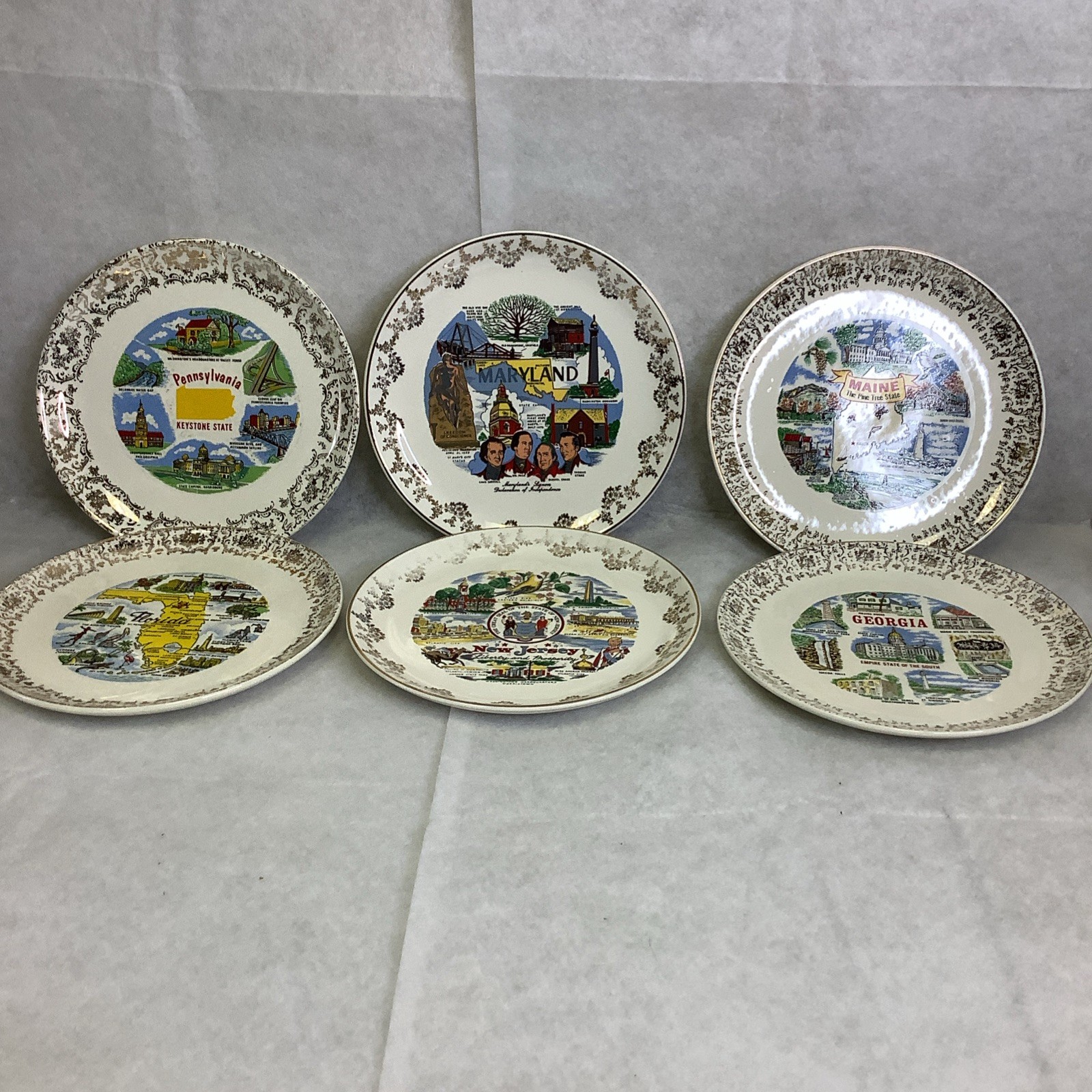 Lot Of Six Vintage State Collector Plates Penn, Maryland, Maine, Fl, N Jersey GA