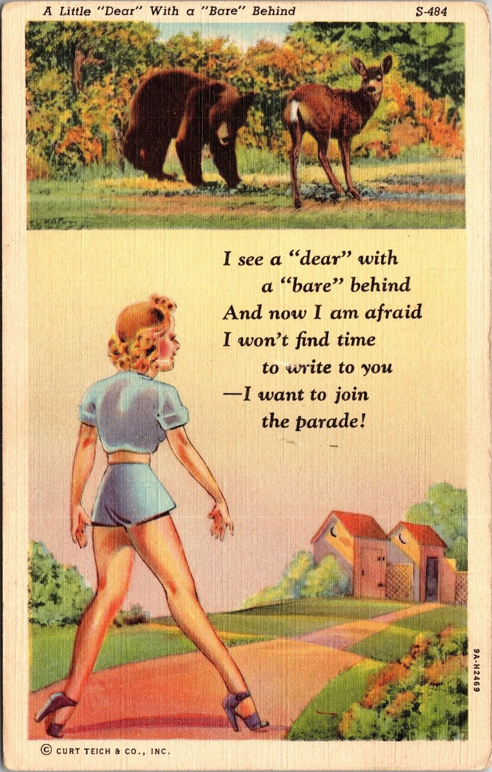 Vintage 1939 Linen Postcard A Little Dear With A Bare Behind Humorous Pun