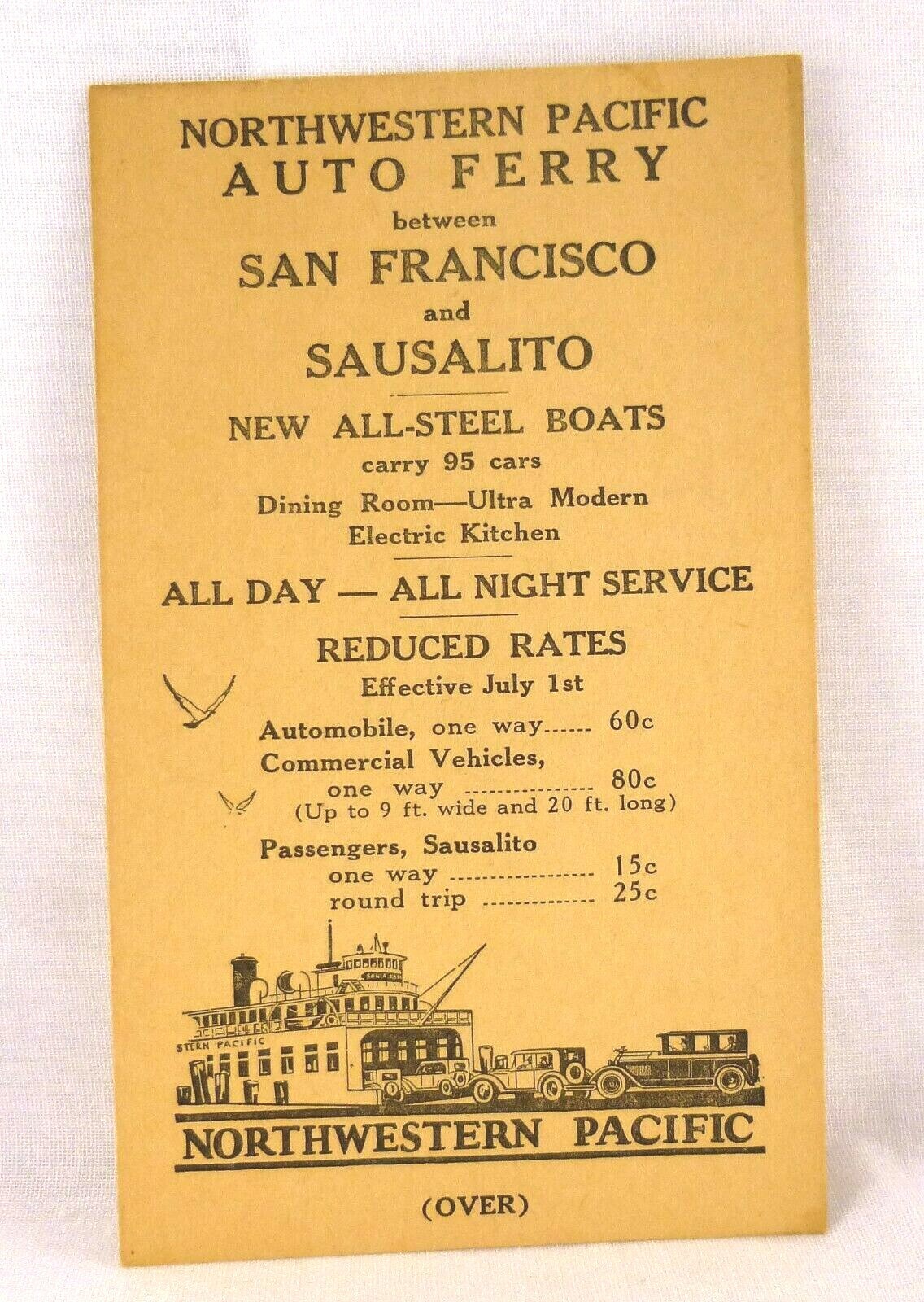 Auto Ferry schedule, San Francisco and Sausalito Vintage