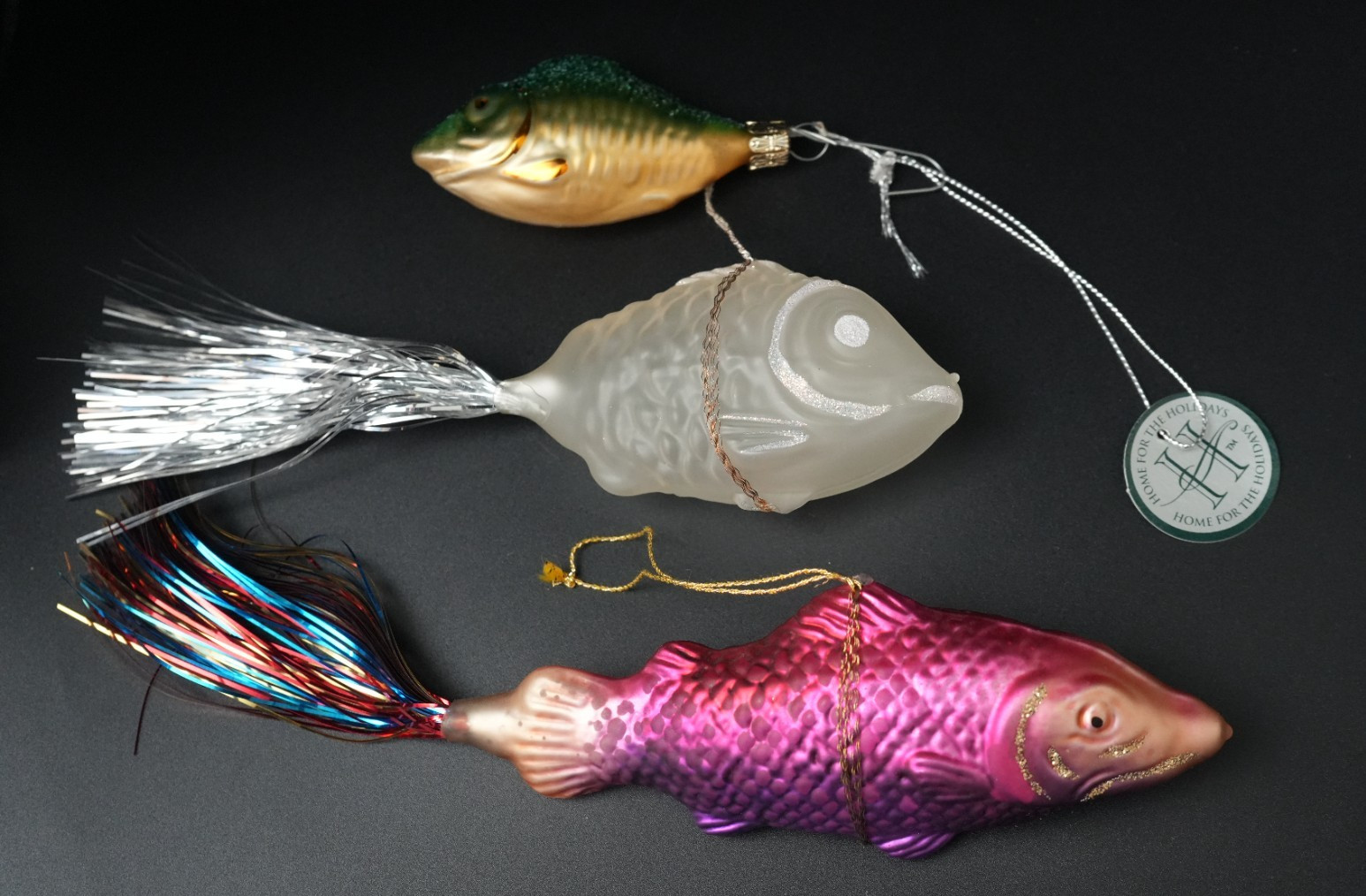 Vintage Antique Fish Christmas Ornaments- Lot of 3 - STUNNING SIZES GERMAN TAG
