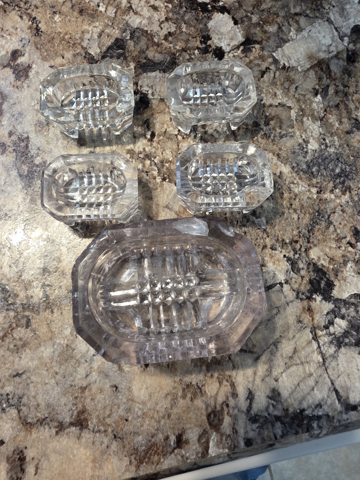 Set of 5 vintage clear glass footed rectangle open salt.