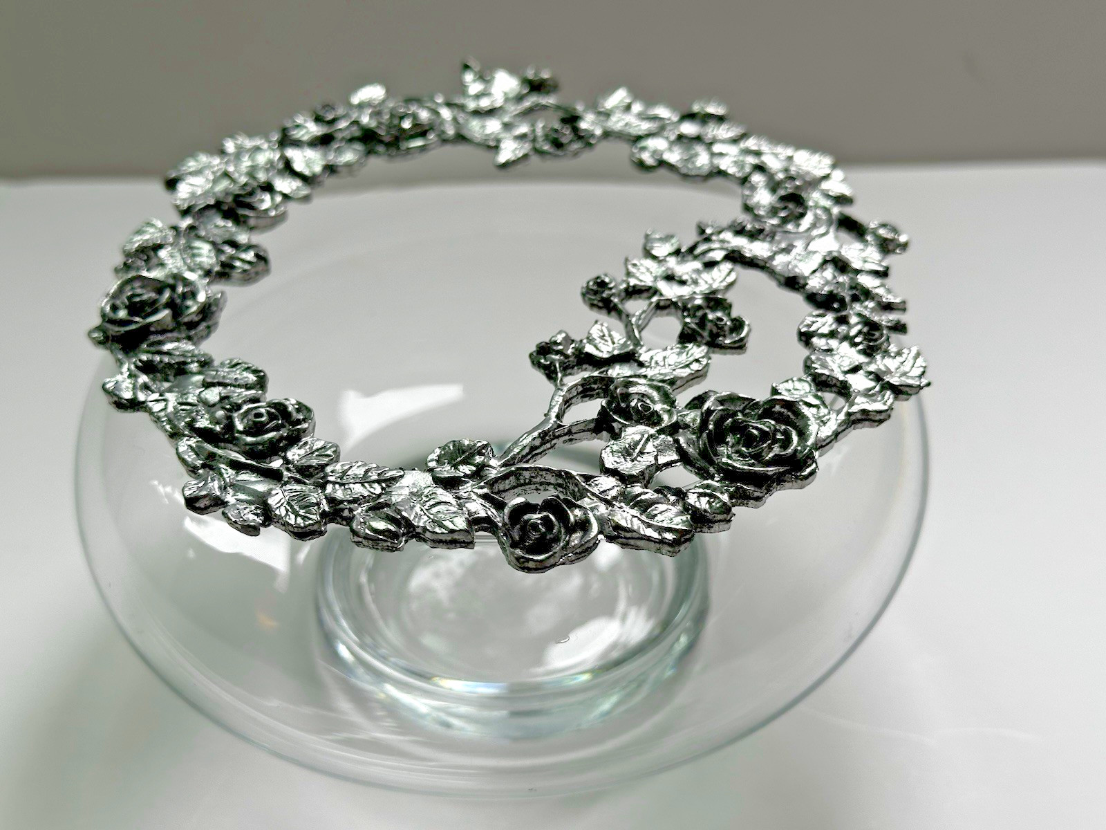 Glass Candy Trinket Vanity Bowl With Pretty Rose Metal Lid