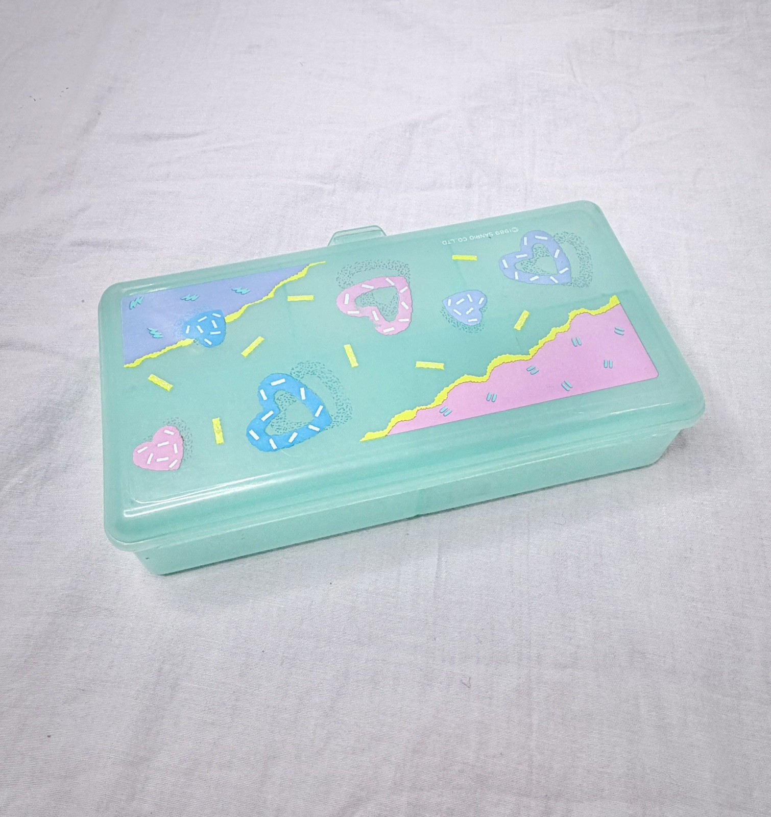 Vintage Orig 80s Sanrio Novelty Heart Pencil Box Case Organizer Teal Green 1989