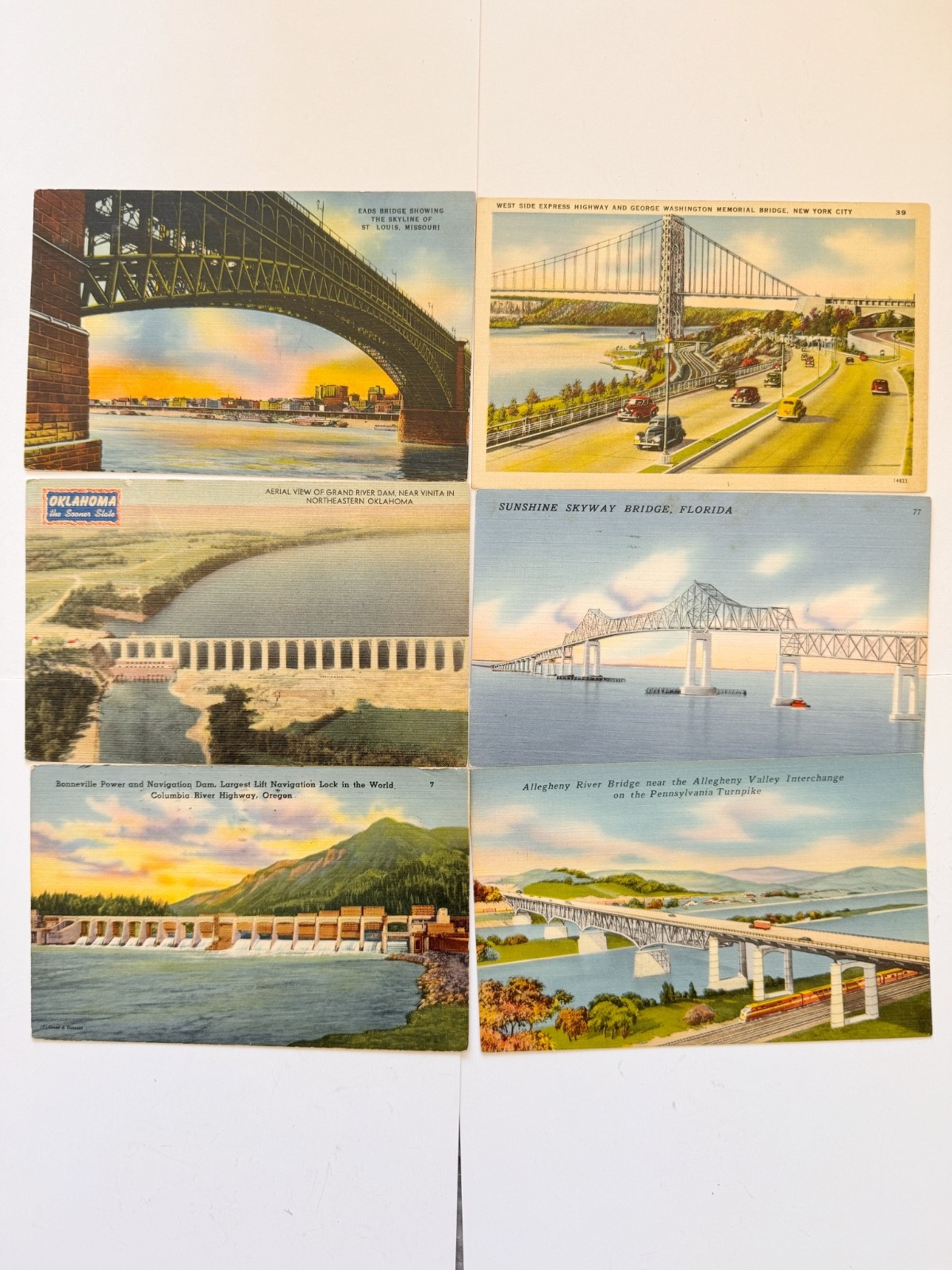 Lot of 6 Vintage Linen Postcards Bridges & Dams Posted 1940s-50s Stamps