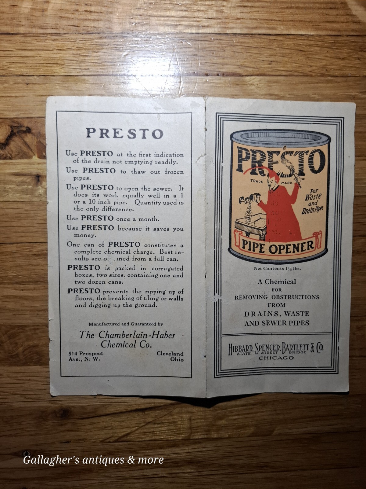 Early ad Presto Pipe opener HIBBARD SPENCER BARTLETT Chamberlain Haber Chemical
