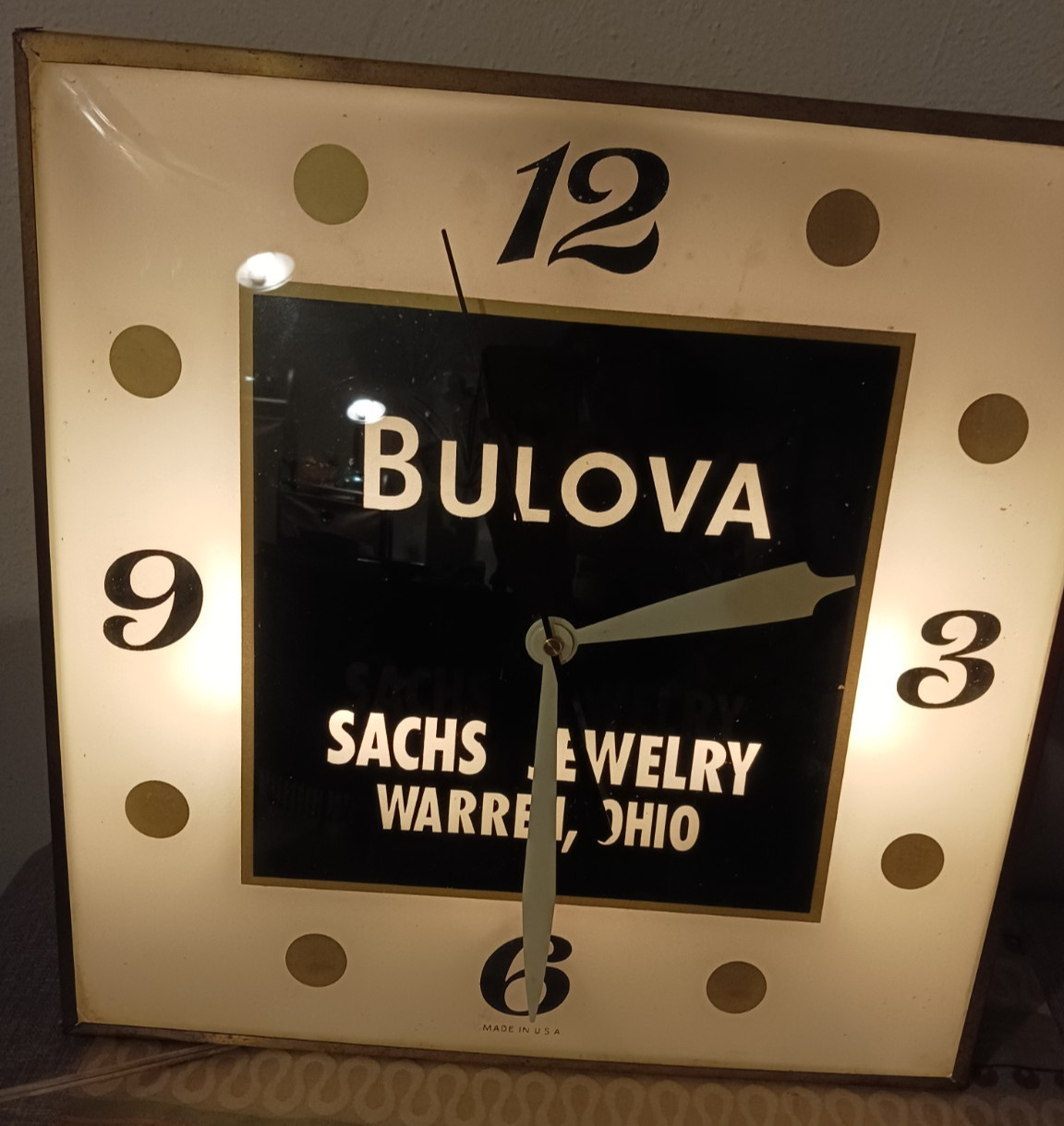 Vintage BULOVA Wall Clock Light Up Amber from Ohio Jewelry Store 1930's-Works