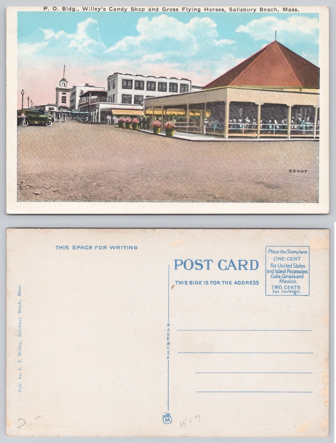 Salisbury Beach MA P.O. Bldg. Willey\'s Candy Shop Gross Flying Horses Postcard