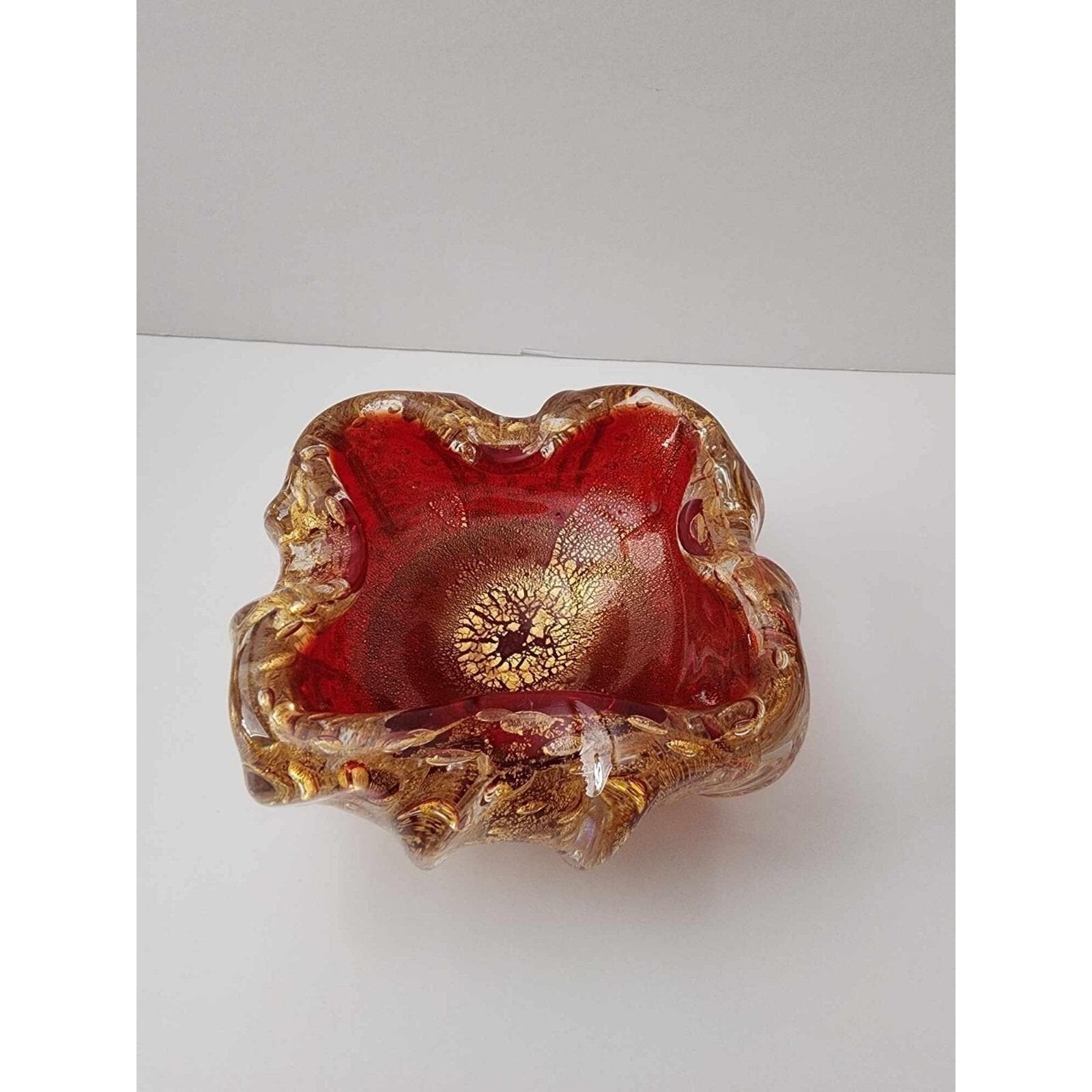 Vintage Murano Uranium Glass Bowl Gold Aventurine Red Bullicante Seguso Barovier